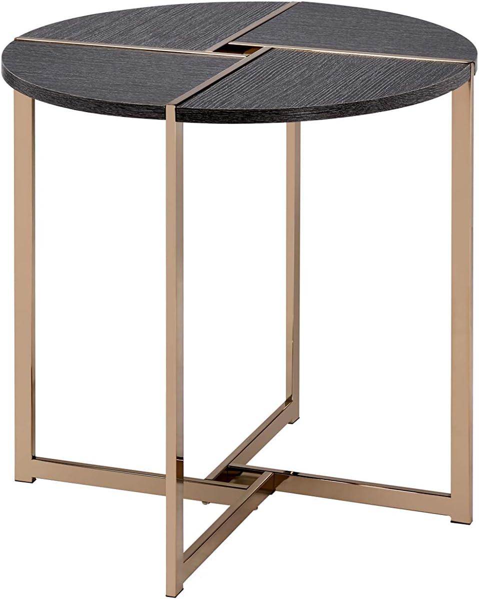 Bromia 24" Round Black Wood and Champagne Metal End Table