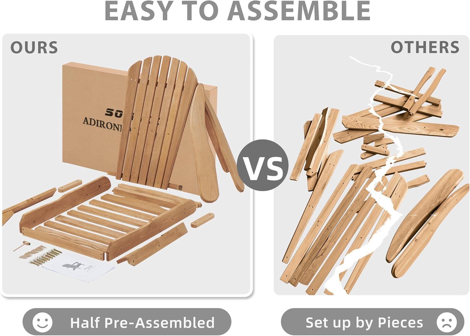 Wooden Folding Adirondack Chair, Half Pre-Assembled Wood Patio Lounge Chair for Outdoor Garden Backyard Porch Pool Deck Firepit