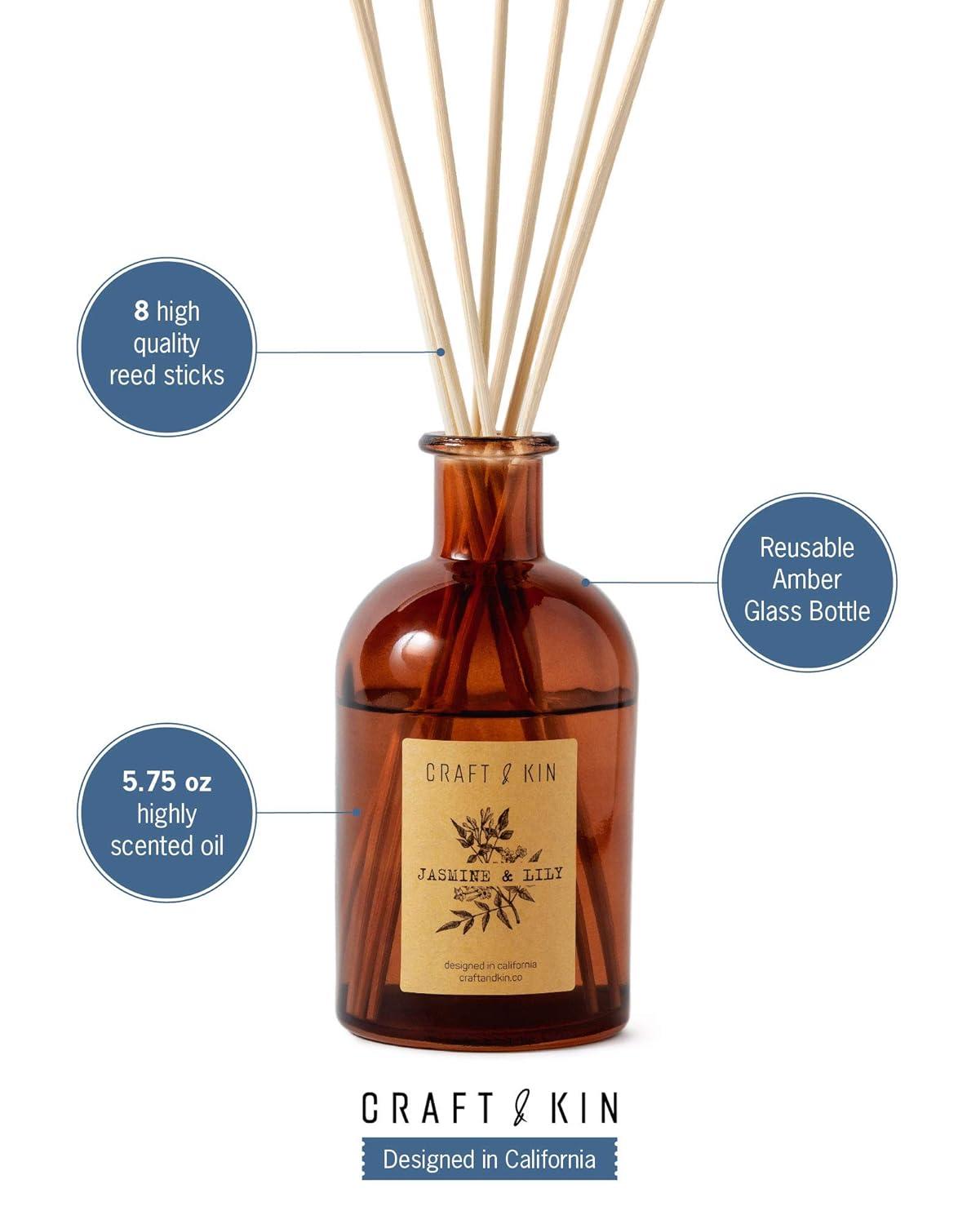 Craft & Kin Lily & Jasmine Diffuser Reed Diffuser | All Natural Essential Oil & 8 Rattan Scent Sticks | Reed Diffusers for Home, Bathroom | Long Lasting Home Fragrance in Amber Glass, 5.75oz