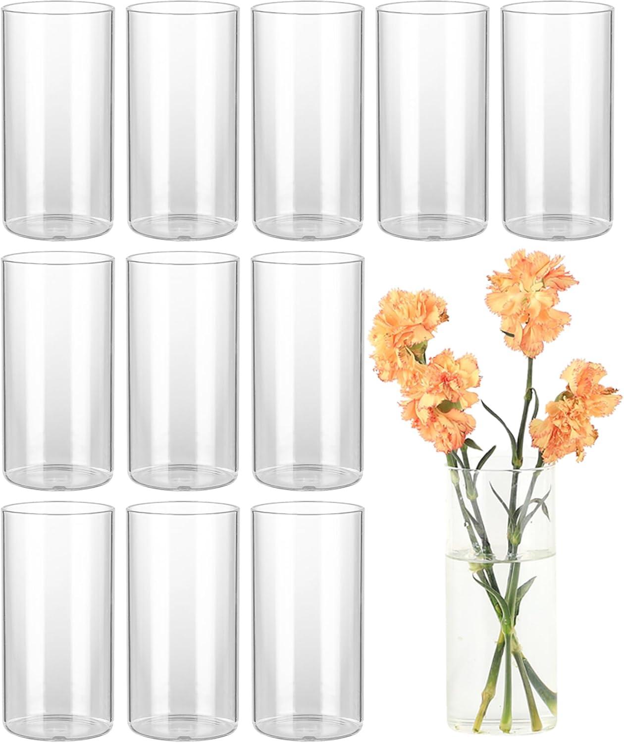 12pcs Glass Cylinder Vases for Centerpieces, Flower Vases Wedding Decorations, 6 Inch Tall Glass Hurricane Candle Holder for Table Shelf, Floral Vase Bulk for Home Decor