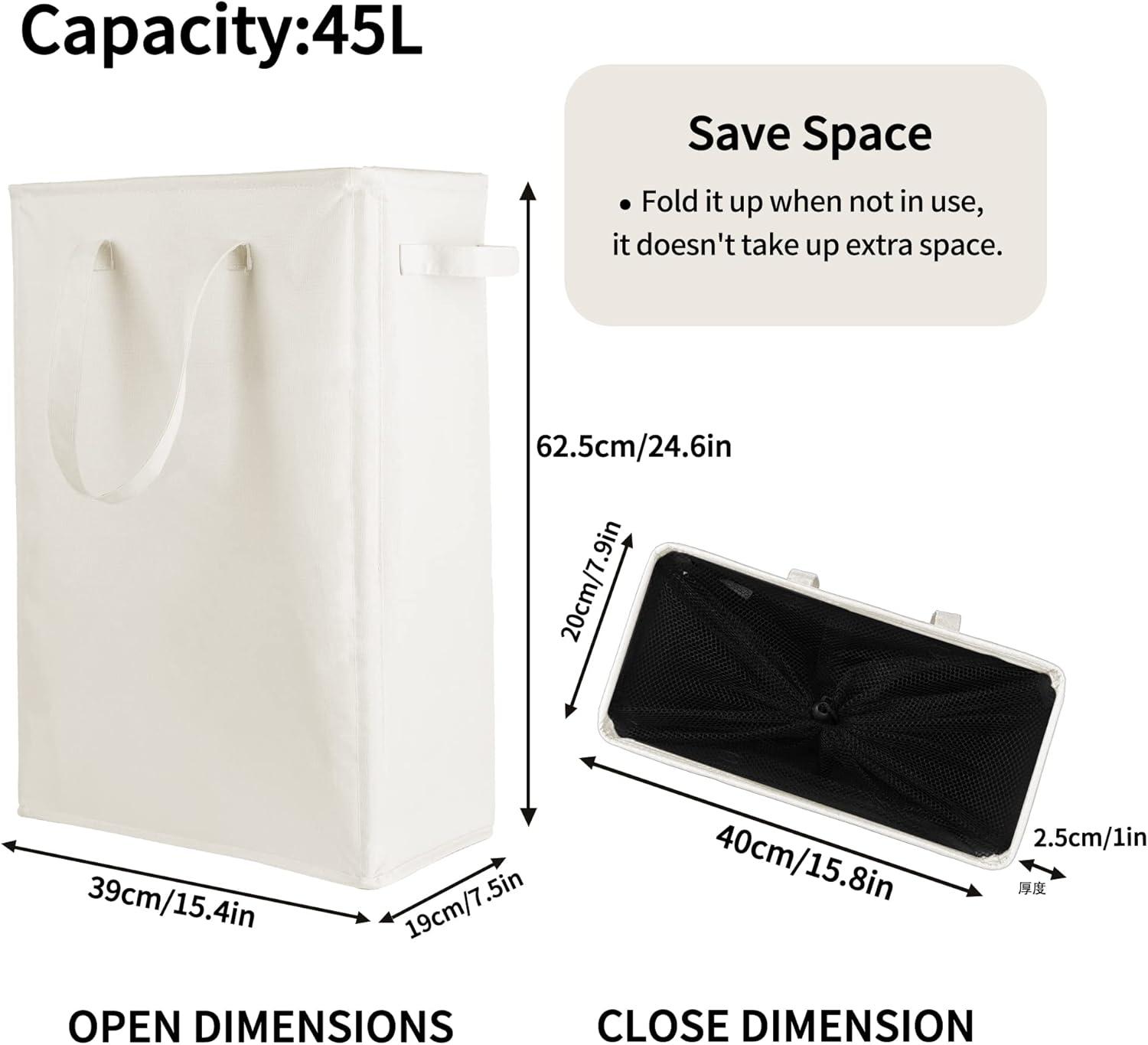 Odonata Slim Laundry Hamper Handles Collapsible Laundry Basket Thin Dirty Clothes Basket Narrow Laundry Bag Foldable Dirty Hamper 45L (Beige)