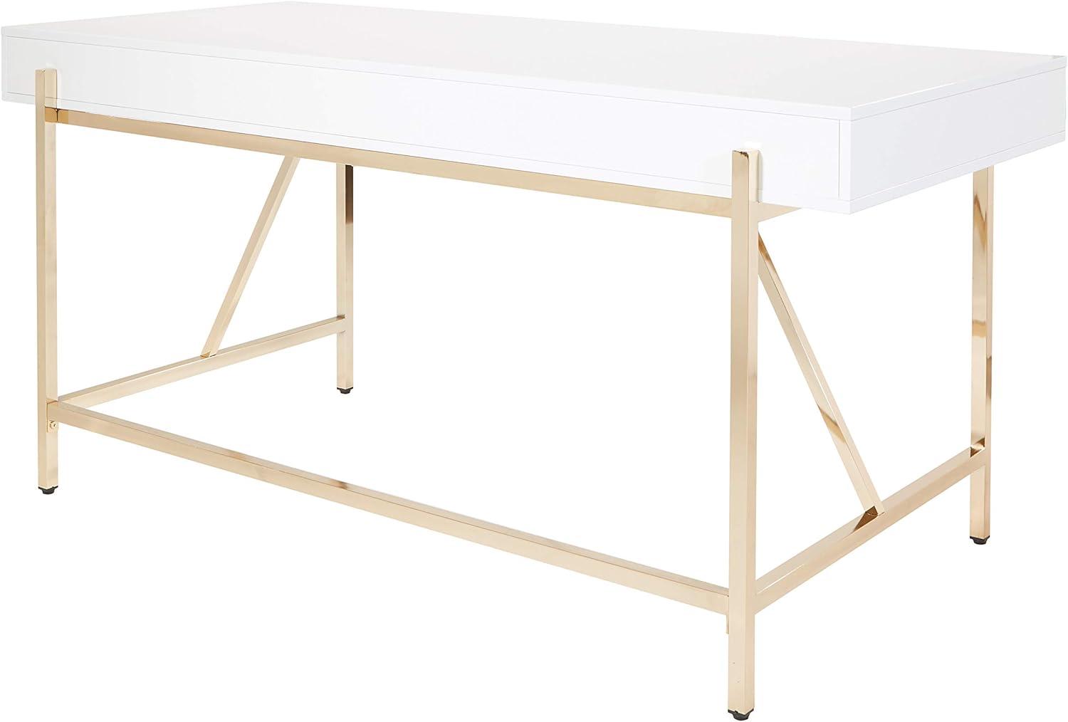 Broadway Chic 33" White Gloss & Gold Detail Desk with Drawers