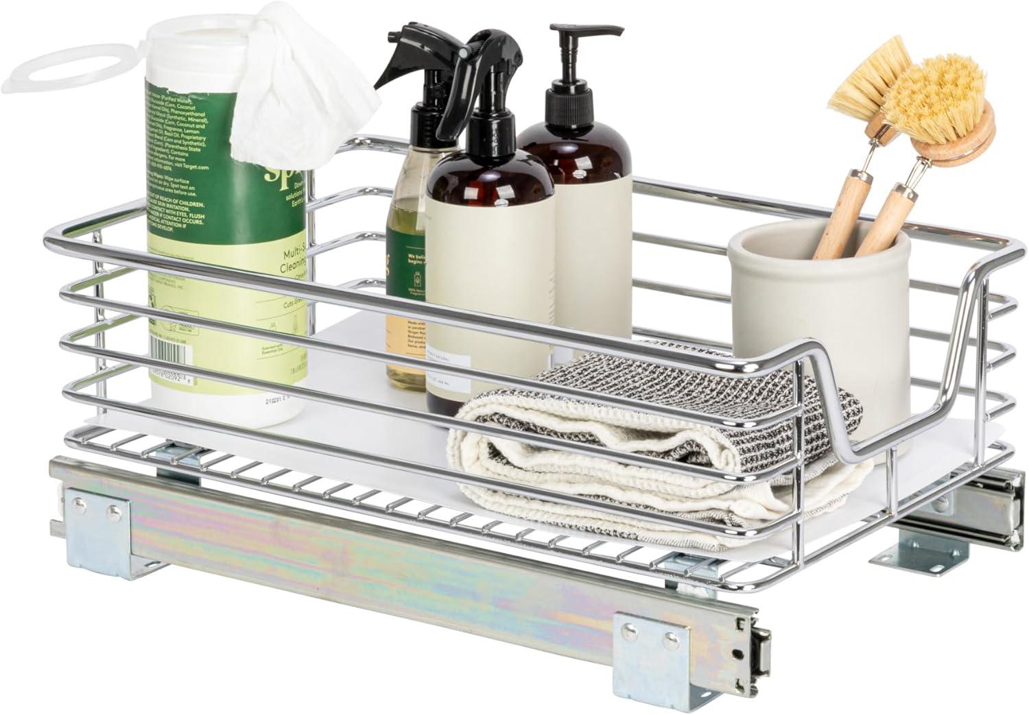 Household Essentials Glidez Multipurpose Chrome-Plated Steel Pull-Out/Slide-Out Storage Organizer with Plastic Liner for Under Cabinet Use - 1-Tier Design - Fits Standard Size Cabinet or Shelf, Chrome