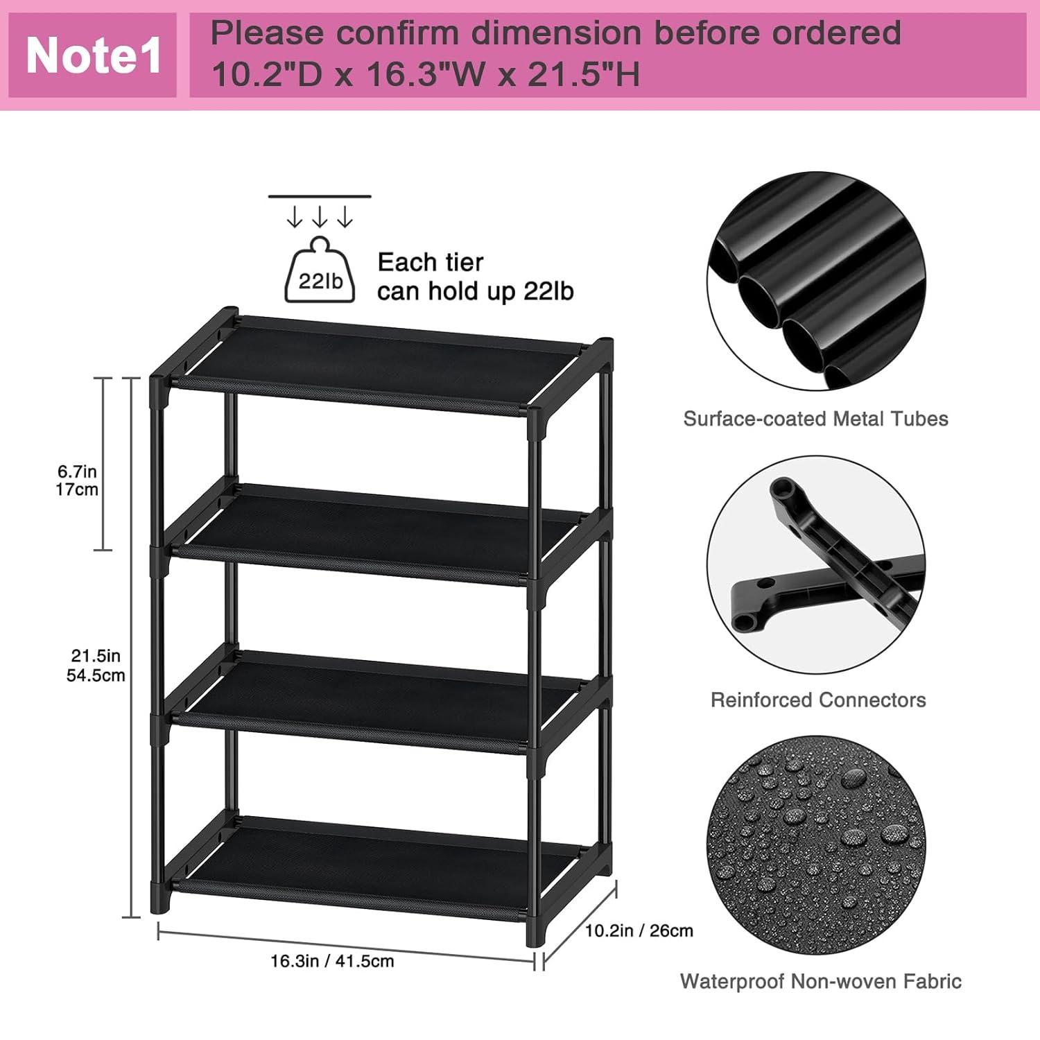 4 Tier Small Shoe Rack, Narrow Stackable Kids Toddler Adult Shoe Storage Organizer Shelf for Closet Floor Entryway Bedroom, Space Saver Shoe Rack Organization Shelves