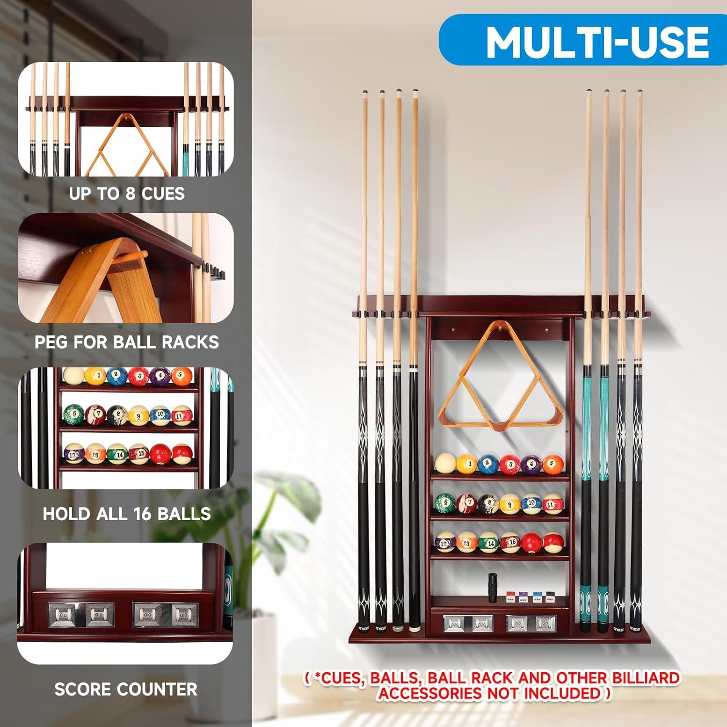 GSE Games & Sports Expert Pool Cue Stick Hanging Wall Mounting Rack with Score Counter, Cue Rack Only. Holds 8 Pool Cue Stick, Billiard Ball and Ball Rack - Mahogany