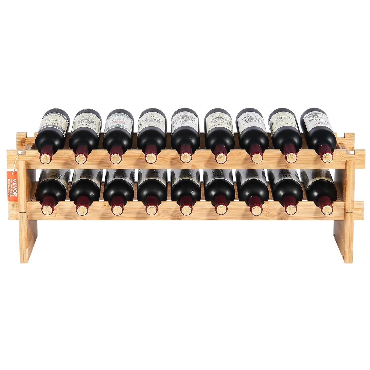 VEVOR 18-Bottle Stackable Modular Wine Rack, 2-Tier Bamboo Wood Display Shelf