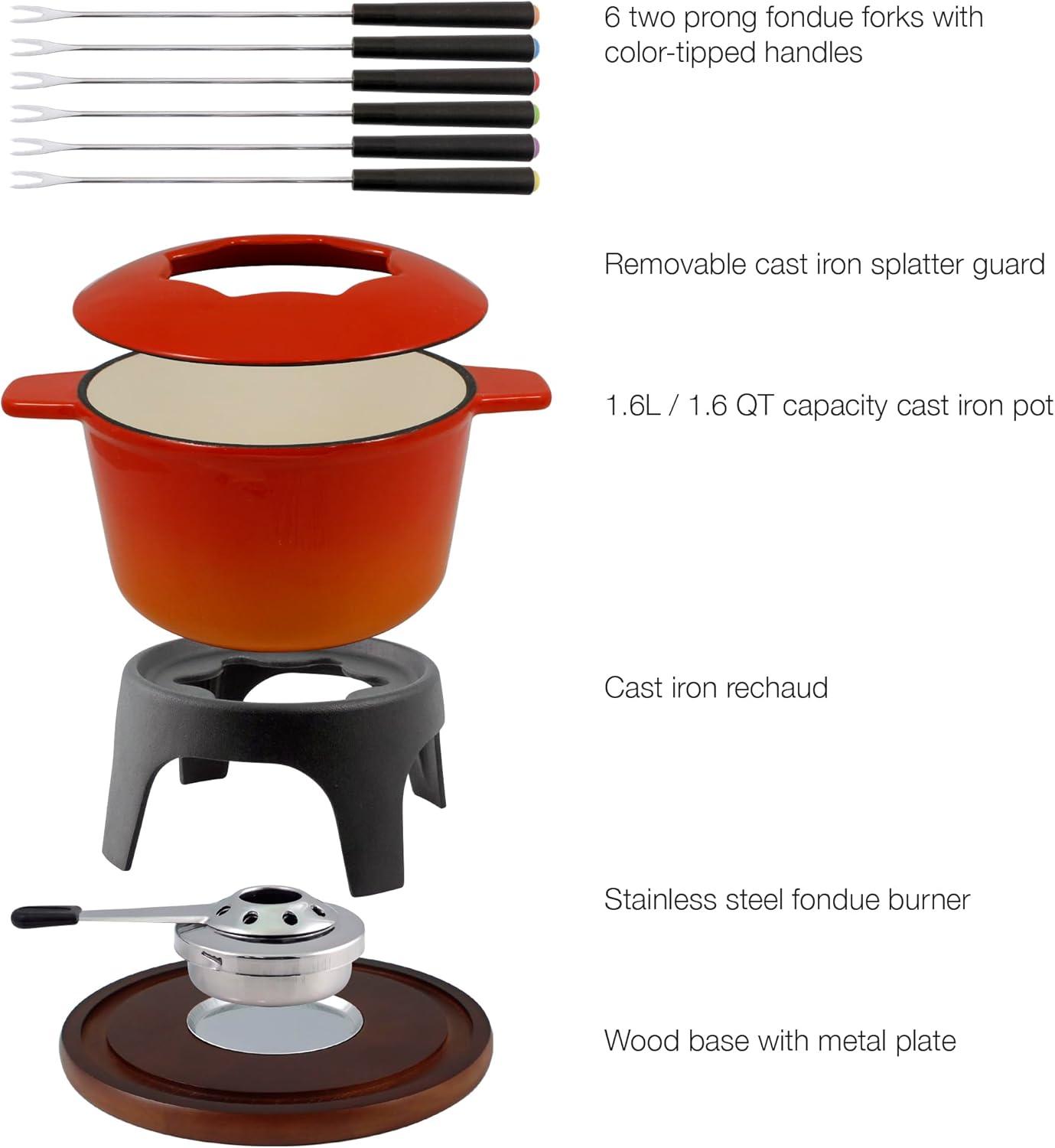 Gradient Orange Cast Iron Fondue Set with Wooden Base