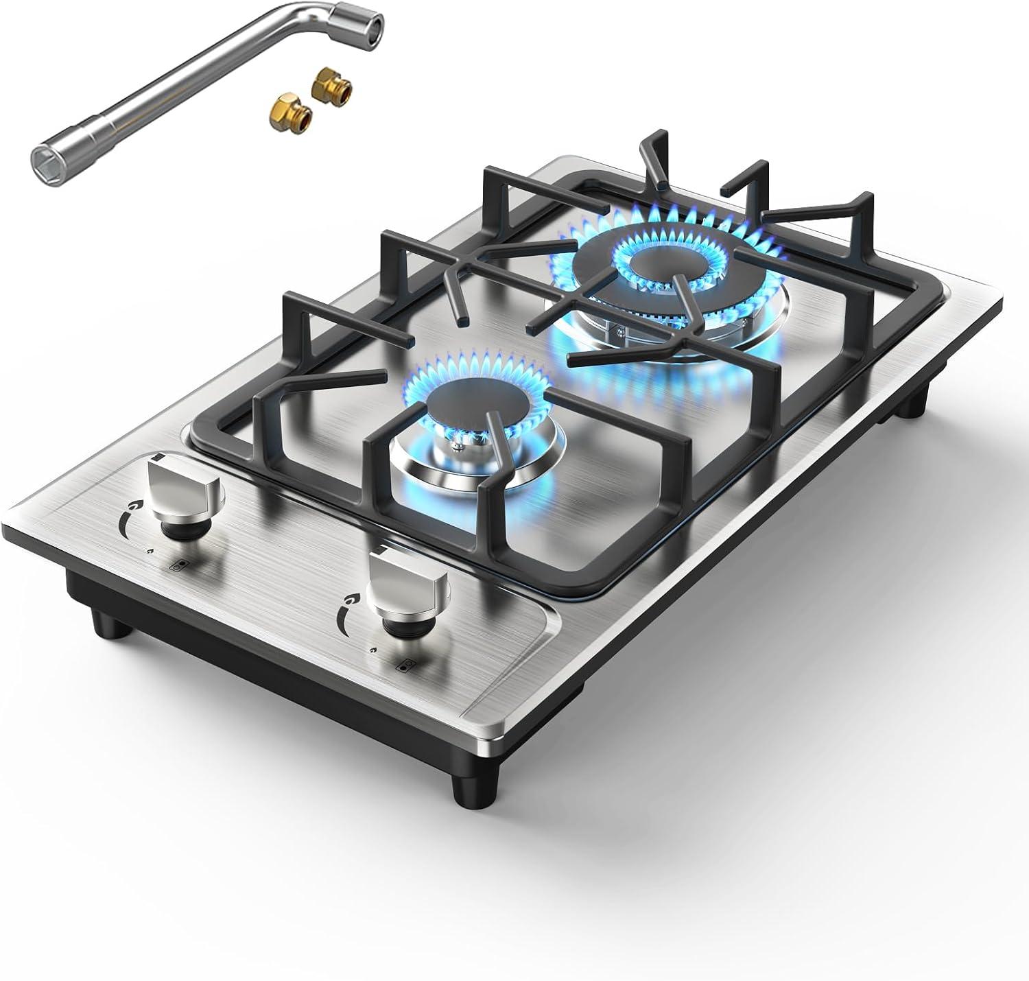 Stainless Steel 2 Burner Propane Gas Cooktop with Ceramic Surface