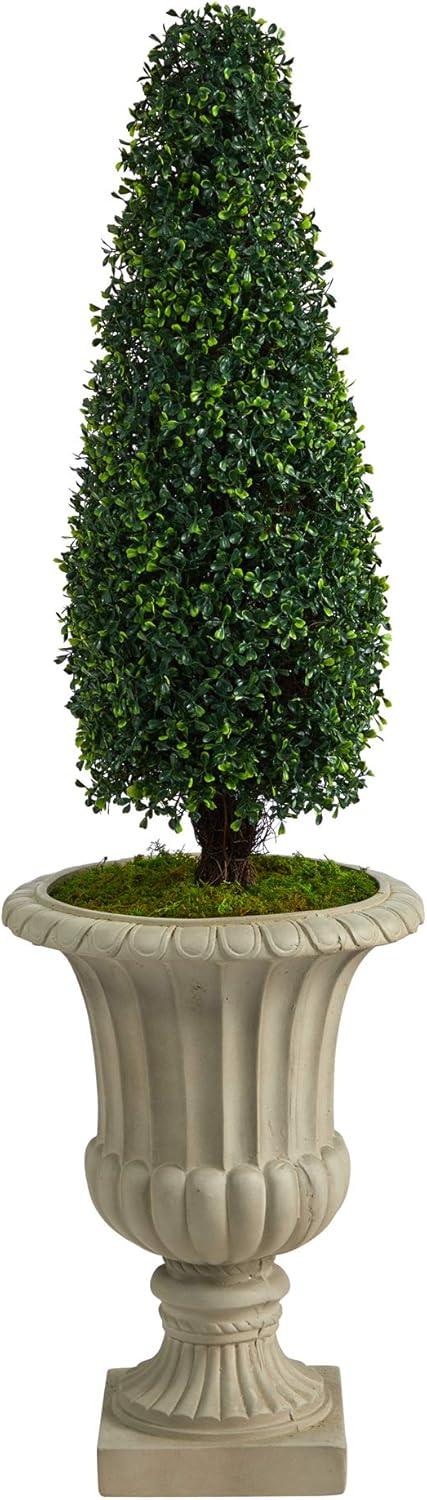 Nearly Natural 4ft. Boxwood Tower Artificial Topiary Tree in Sand Finished Urn (Indoor/Outdoor)