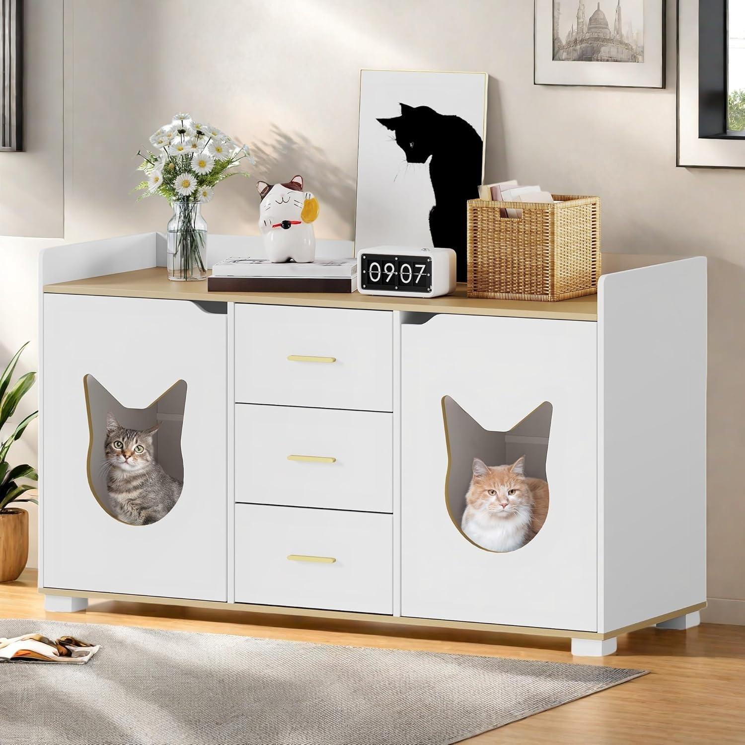 DWVO Large Hidden Cat Litter Box Enclosure Furniture with 2 Shelf Cat Washroom Storage with Charging Station，Wooden Cat Cabinet for Litter Box - Gray