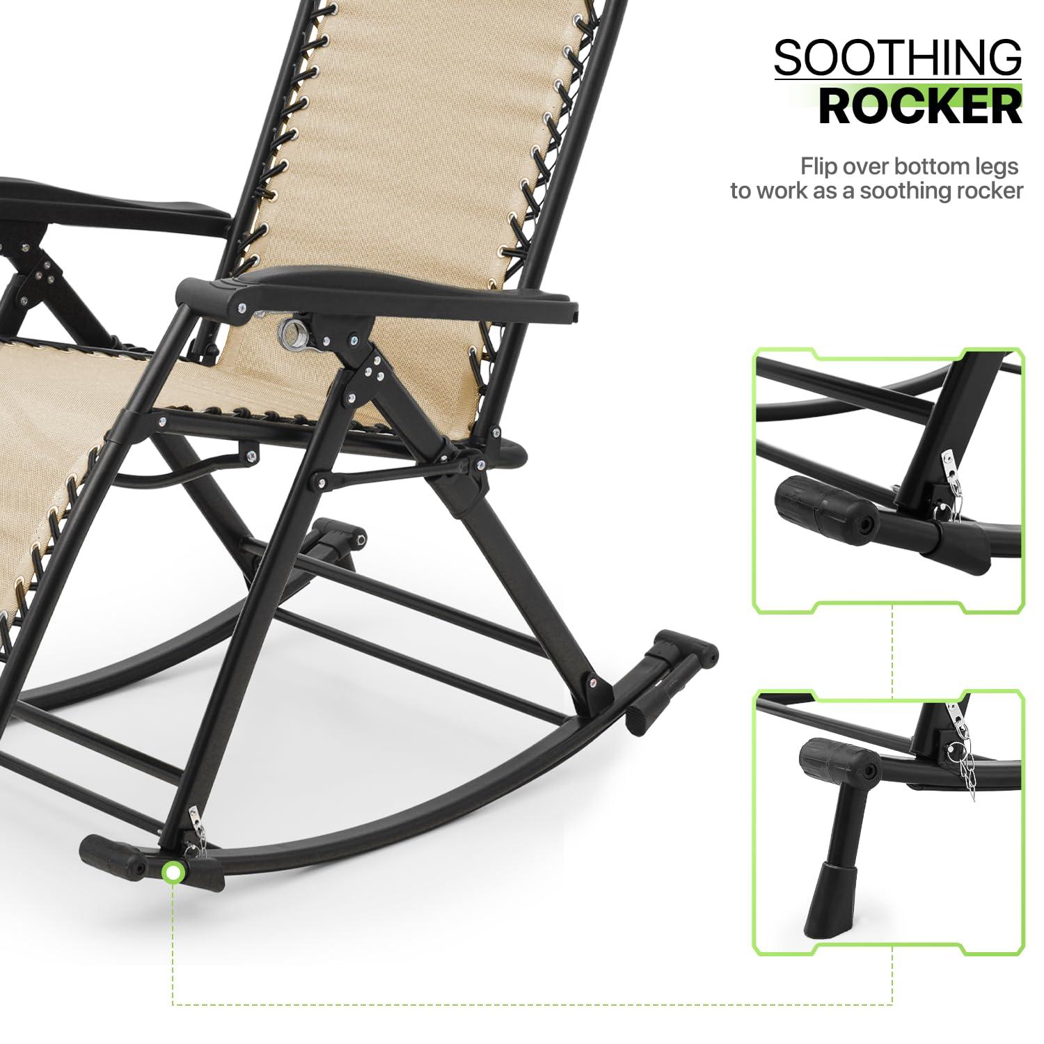 Magshion Set of 2 Zero Gravity Lounge Chairs, Adjustable Rocking Chairs with Pillow, Outdoor Beach Portable Foldable Recliner, Folding Lounge Rocker, Black