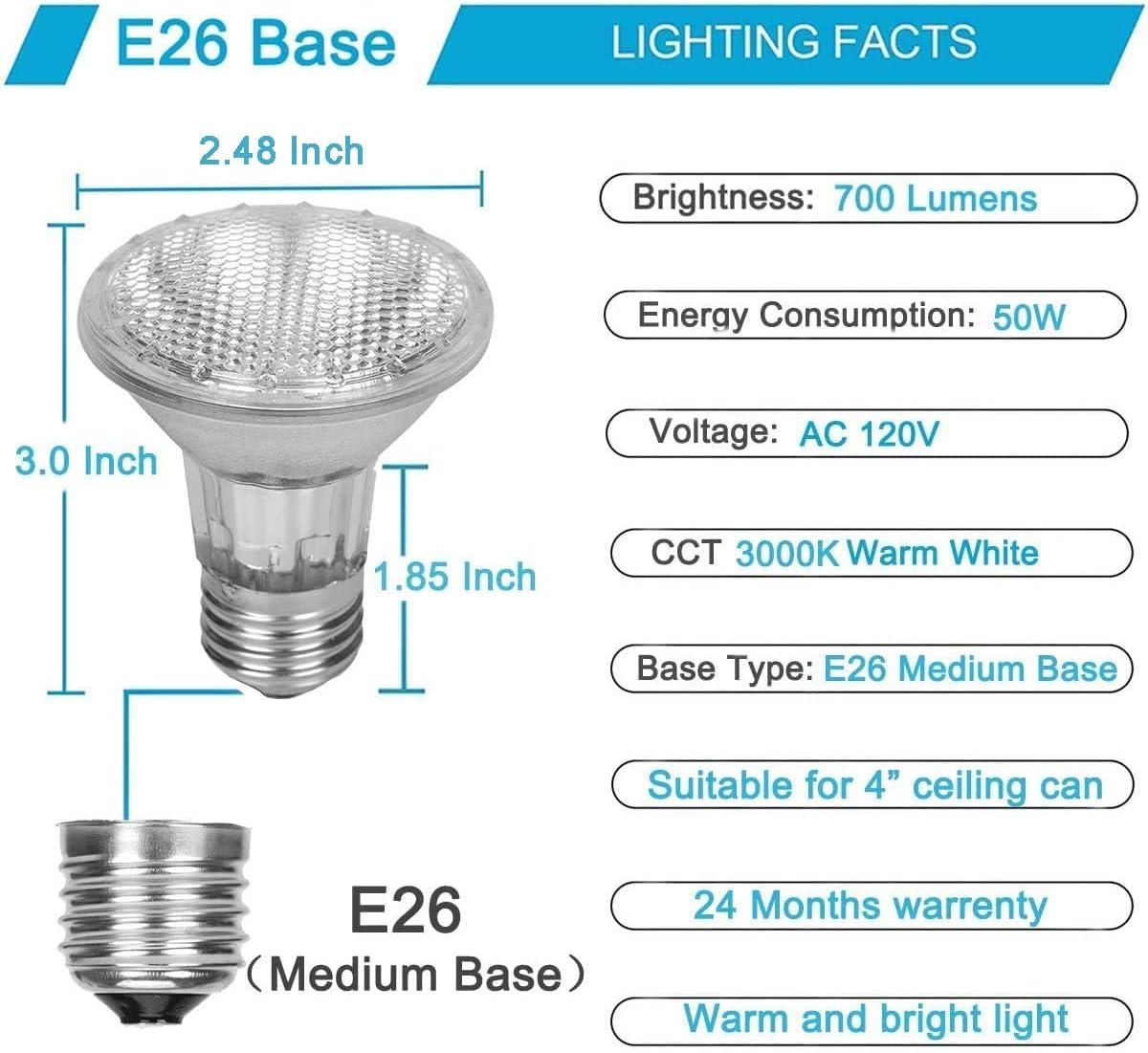 6PCS Par20 Halogen 50W 120V Dimmable, Long Lifespan E26 Par20 Light Bulb with 3000K Warm White for Indoor/Outdoor