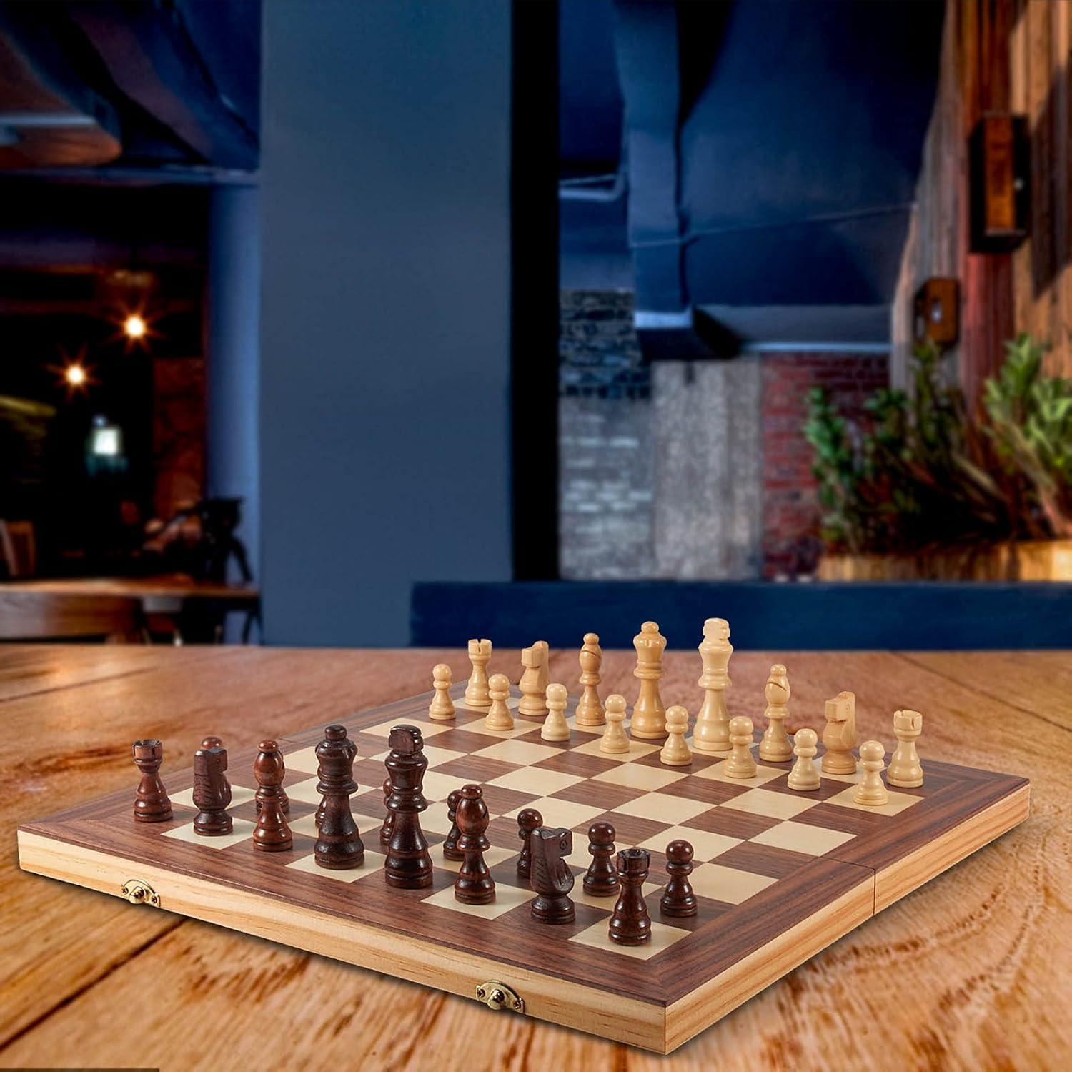 KiddiTouch 15 inch Magnetic Wooden Chess Set 2 in 1 Folding Chess Board Travel Chess Games for Adults and Kids