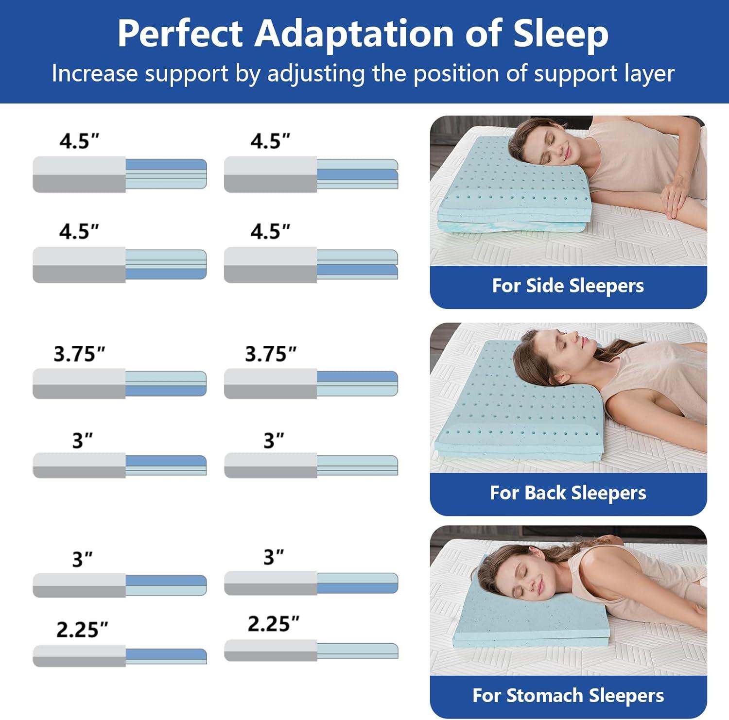 Vipbear Adjustable Memory Foam Pillow With Dual-Sleep Cover For Back/Stomach/Side Sleeper, Soft To Firm Pillow For Neck Pain Relief