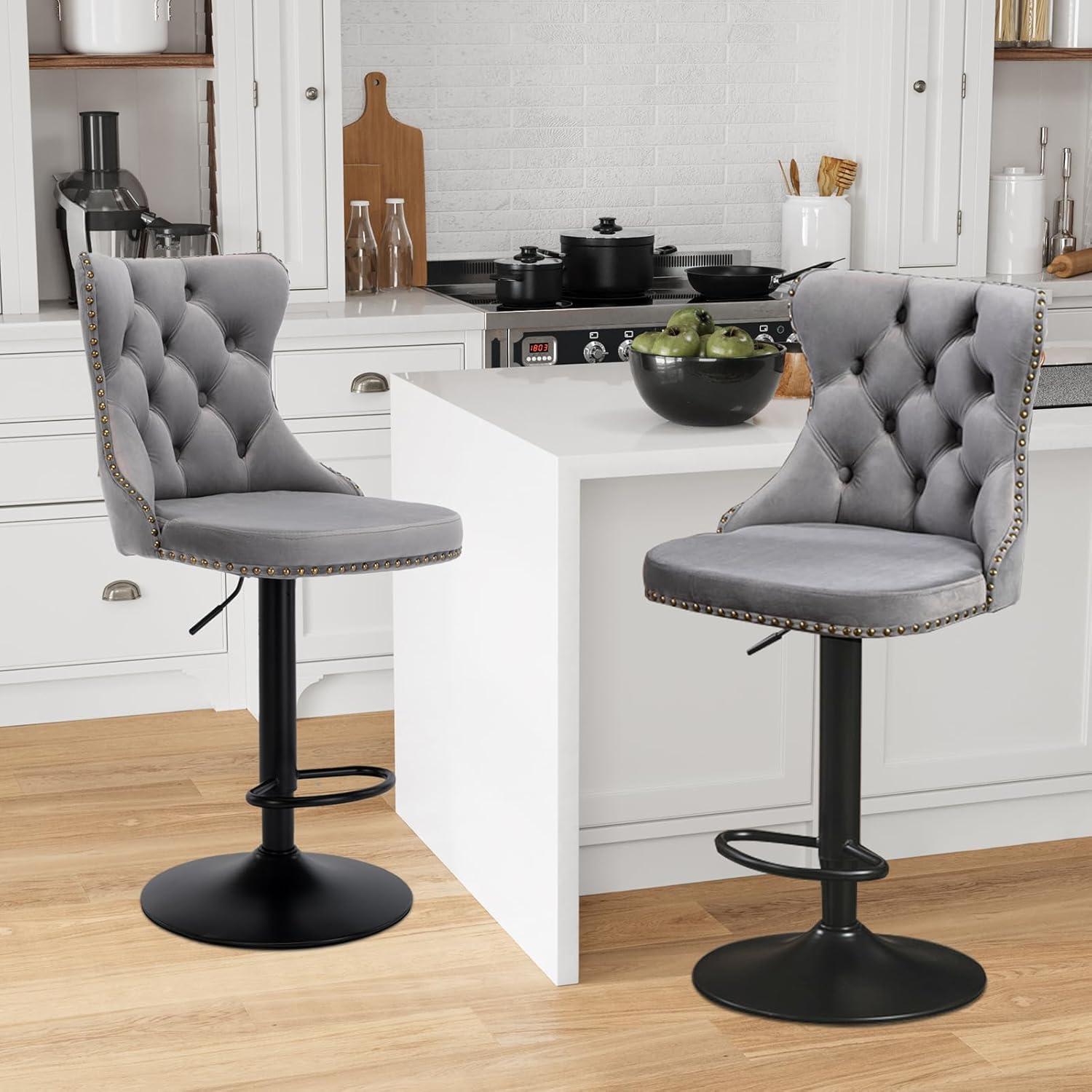 VYNXARIA Swivel Velvet Barstools Adjusatble Seat Height from 25-33 Inch,17.7 inch base, Modern Upholstered Bar Stools,Gray,Set of 2