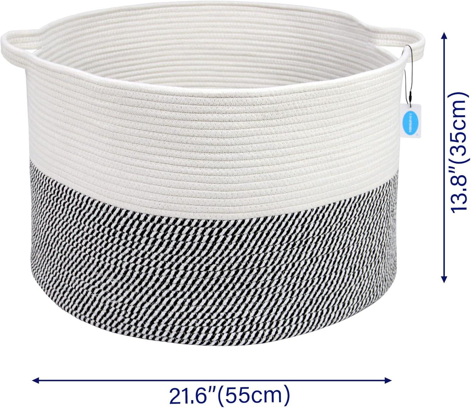 Casaphoria XXXLarge Cotton Rope Basket for Living Room - Woven Storage Basket with Handle for Blankets, Towels and Pillows Laundry Hamper | White & Grey (21.7" x 21.7" x 13.8")