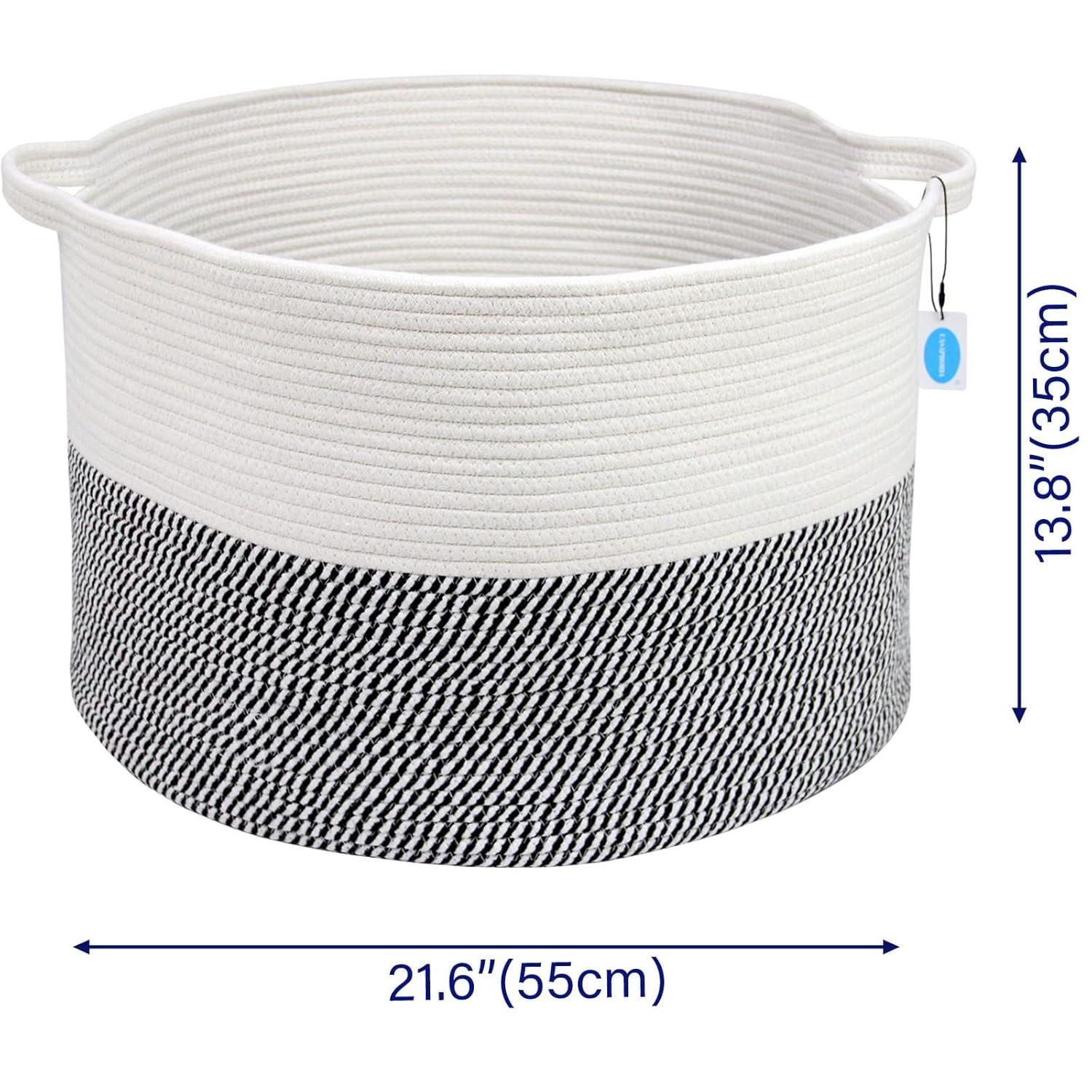 Casaphoria XXXLarge Cotton Rope Basket for Living Room - Woven Storage Basket with Handle for Blankets, Towels and Pillows Laundry Hamper | White & Grey (21.7" x 21.7" x 13.8")