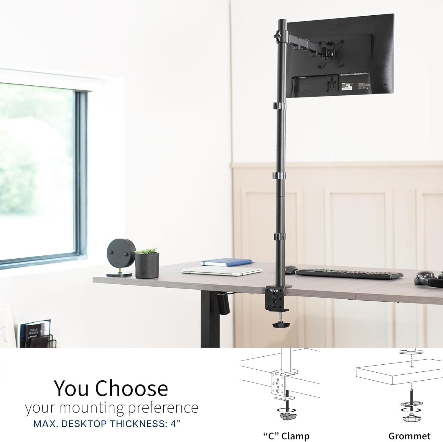 Extra Tall Black Steel Adjustable Single Monitor Desk Mount