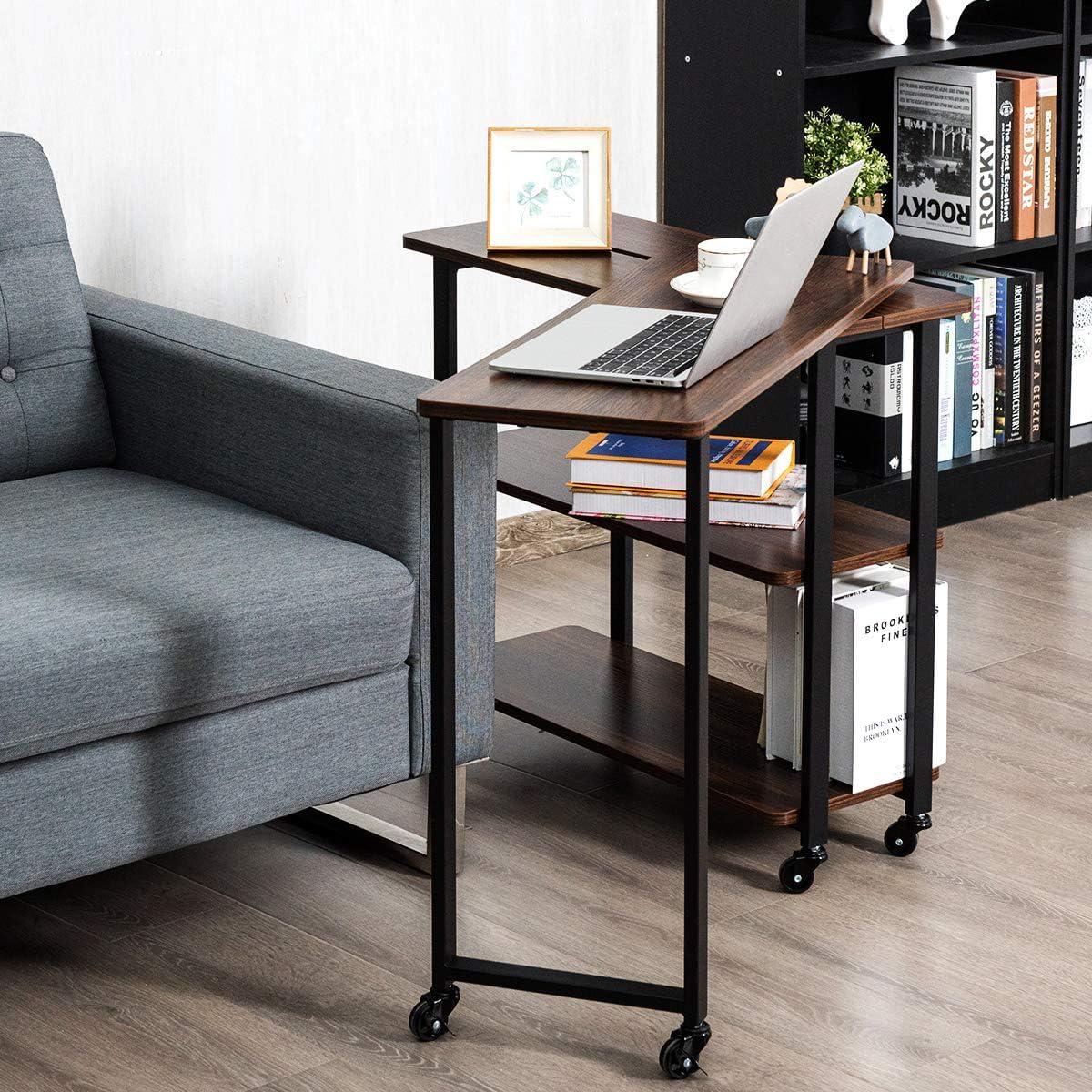 360 Rotating Sofa Side Table with Storage Shelves and Wheels-Walnut