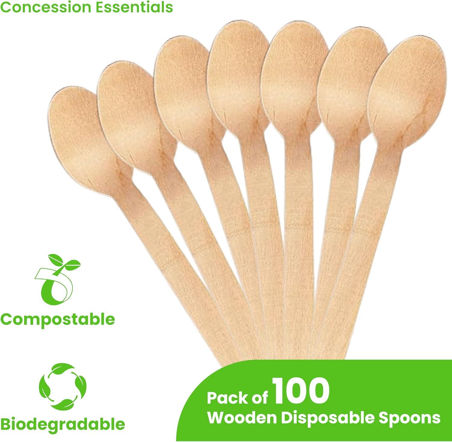 Concession Essentials Disposable Wooden Cutlery Spoons, Compostable and Earth Friendly, 6.25 Inch Length - Pack of 100 Spoons