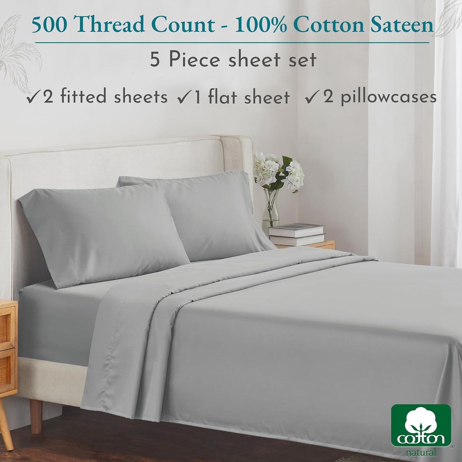 Light Gray Cotton Sateen Split King Sheet Set