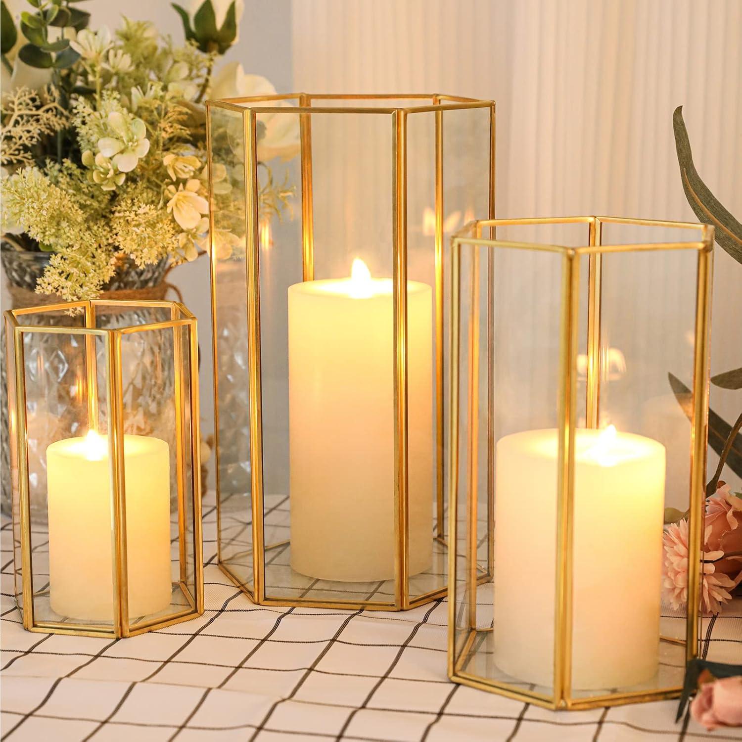 Phosphor Small Hurricane Candle Holder Set of 3 Pieces, Black Glass Candle Holder for Wedding, Party, Holiday.