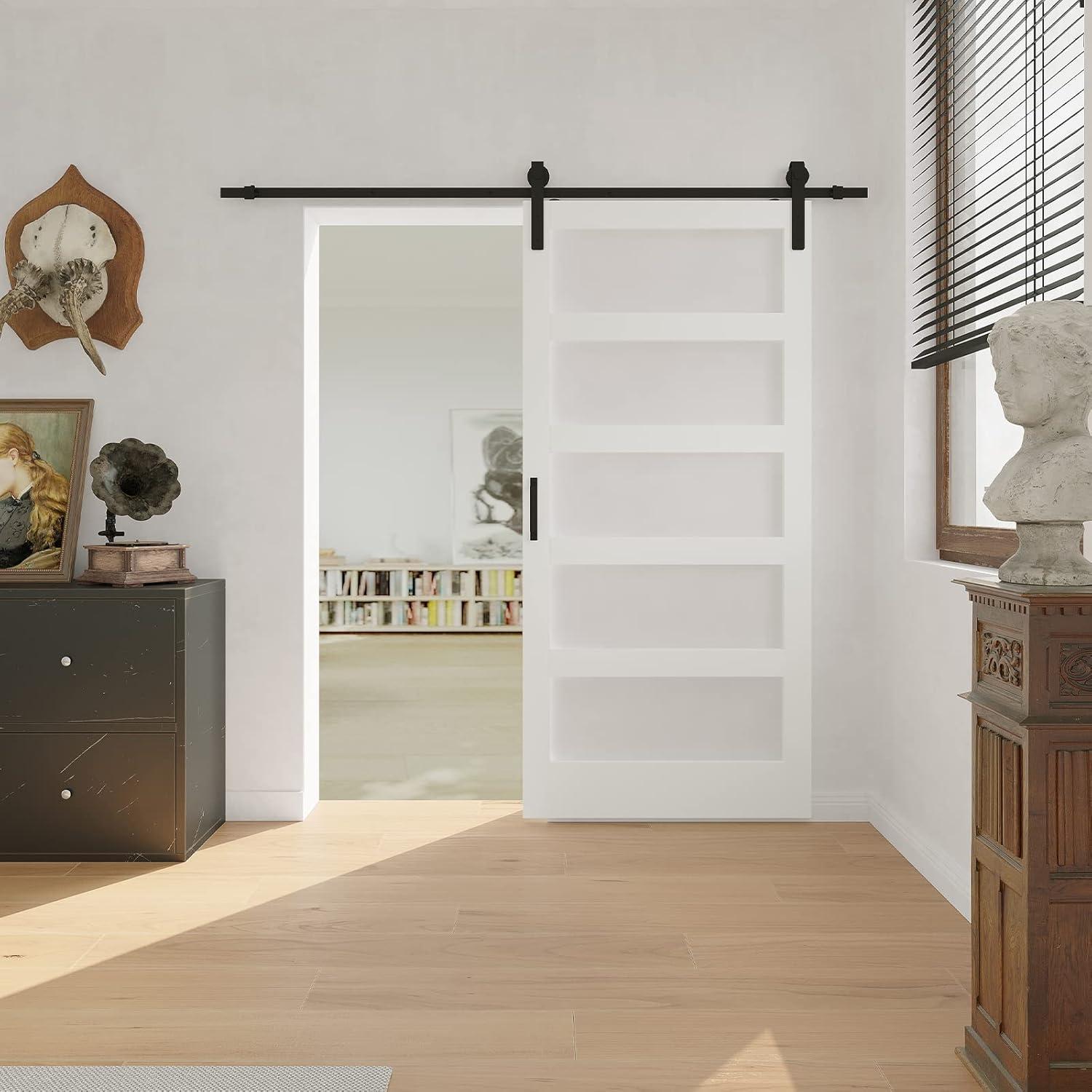 JUBEST Tempered Frosted Glass Barn Door with Installation Hardware Kit and Handle, Wood Sliding Barn Door