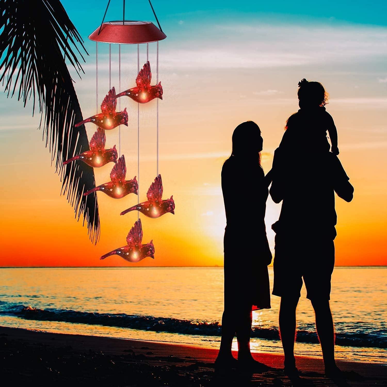 Solar-Powered Red Bird Wind Chimes with LED Lights