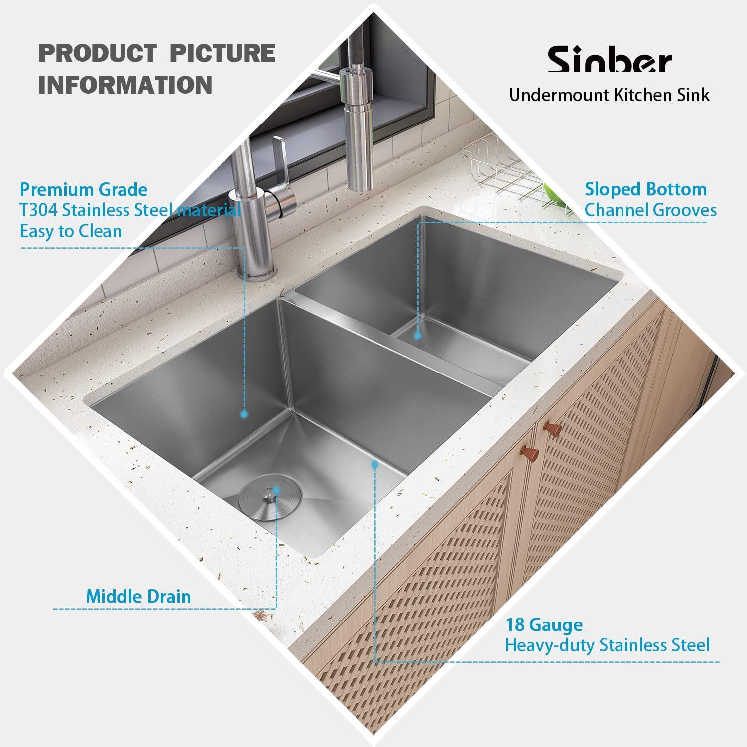Sinber 32" x 19" Undermount Double Bowl Kitchen Sink with 18 Gauge 304 Stainless Steel Satin Finish