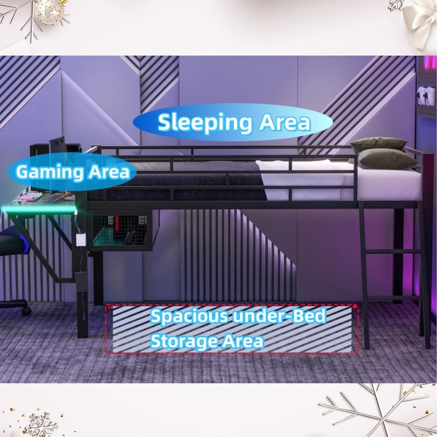 DreamBuck Full Size Gaming Loft Bed with Desk, LED and Storage Space, Metal Loft Bed Frame with Vented Mesh Undercarriage Storage, Modern Full Loft Beds for Teens, No Box Spring Needed