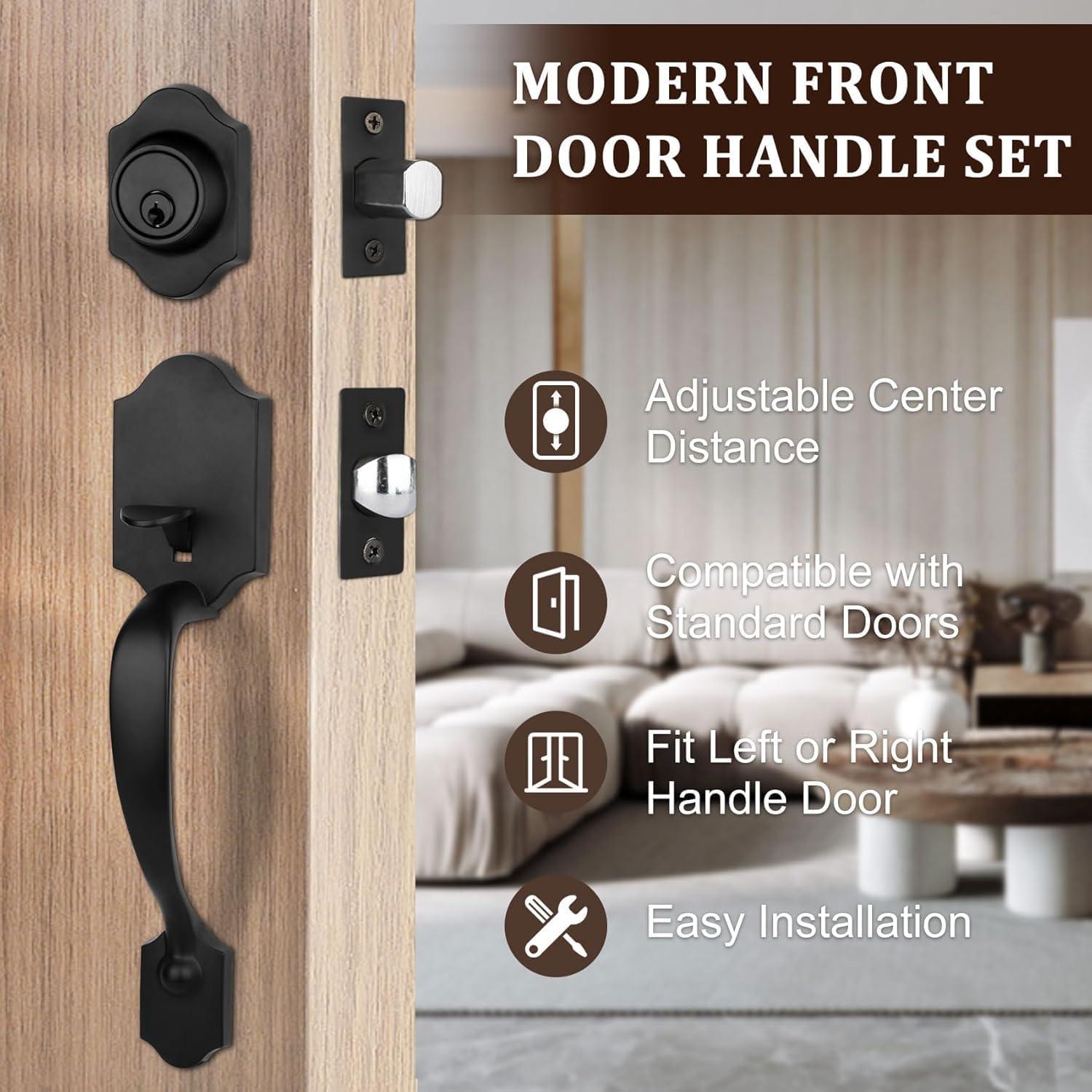 Matte Black Front Door Handle and Deadbolt Set, Front Door Lock Set, Entry Door Locksets with Deadbolt Single Cylinder, Exterior Door Handle with Reversible Handle Lever