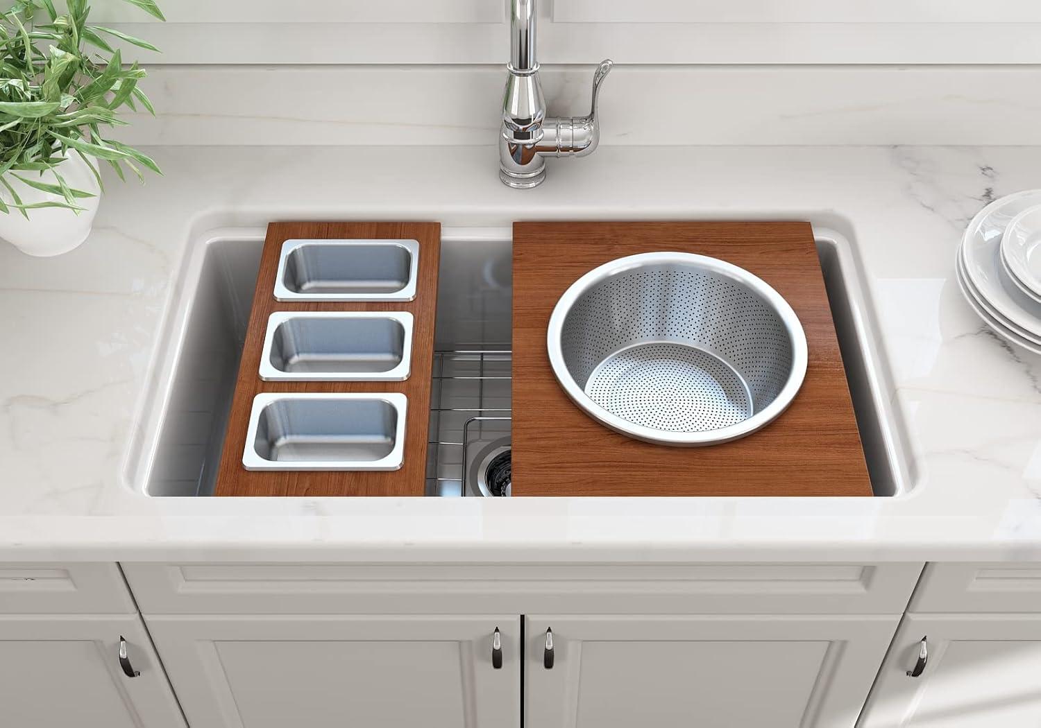 BOCCHI Wood Board With Large Round Stainless Steel Mixing Bowl And Colander F/1344, 1348, 1360, 1362, 1504, 1505, 1506 (Short Side Only), 1627, 1628