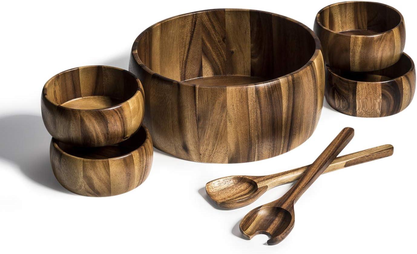 Extra Large Acacia Wood Salad Bowl Set with Servers and 4 Bowls