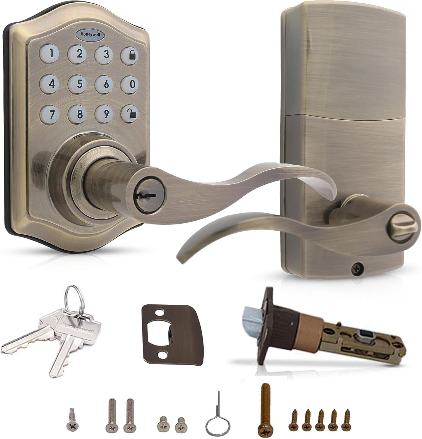 Honeywell Locks, Electronic Entry Lever Door Lock, Antique Brass, 8734101
