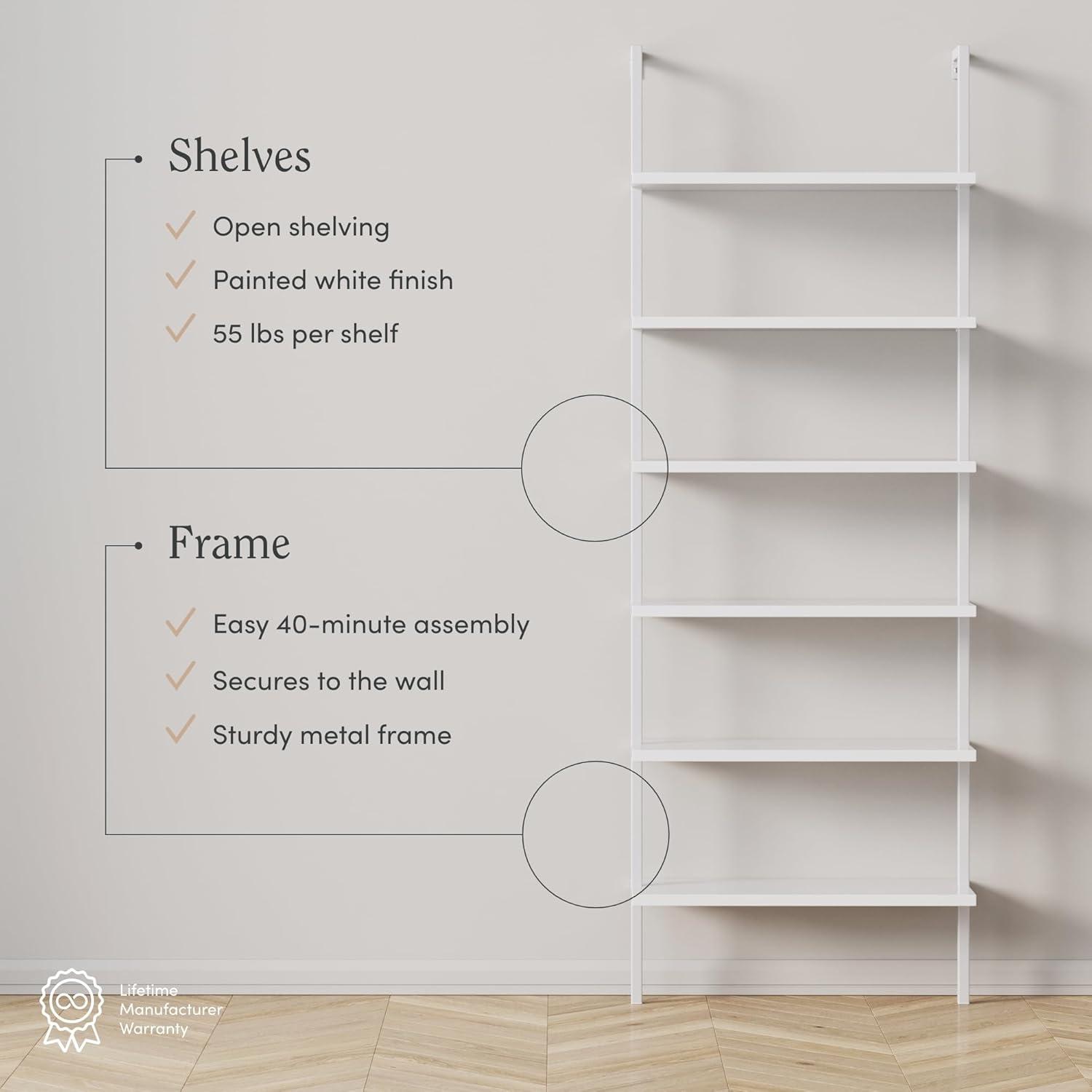 Nathan James Theo 6-Shelf Tall Bookcase Wall Mount Bookshelf White Wood with White Metal Frame White