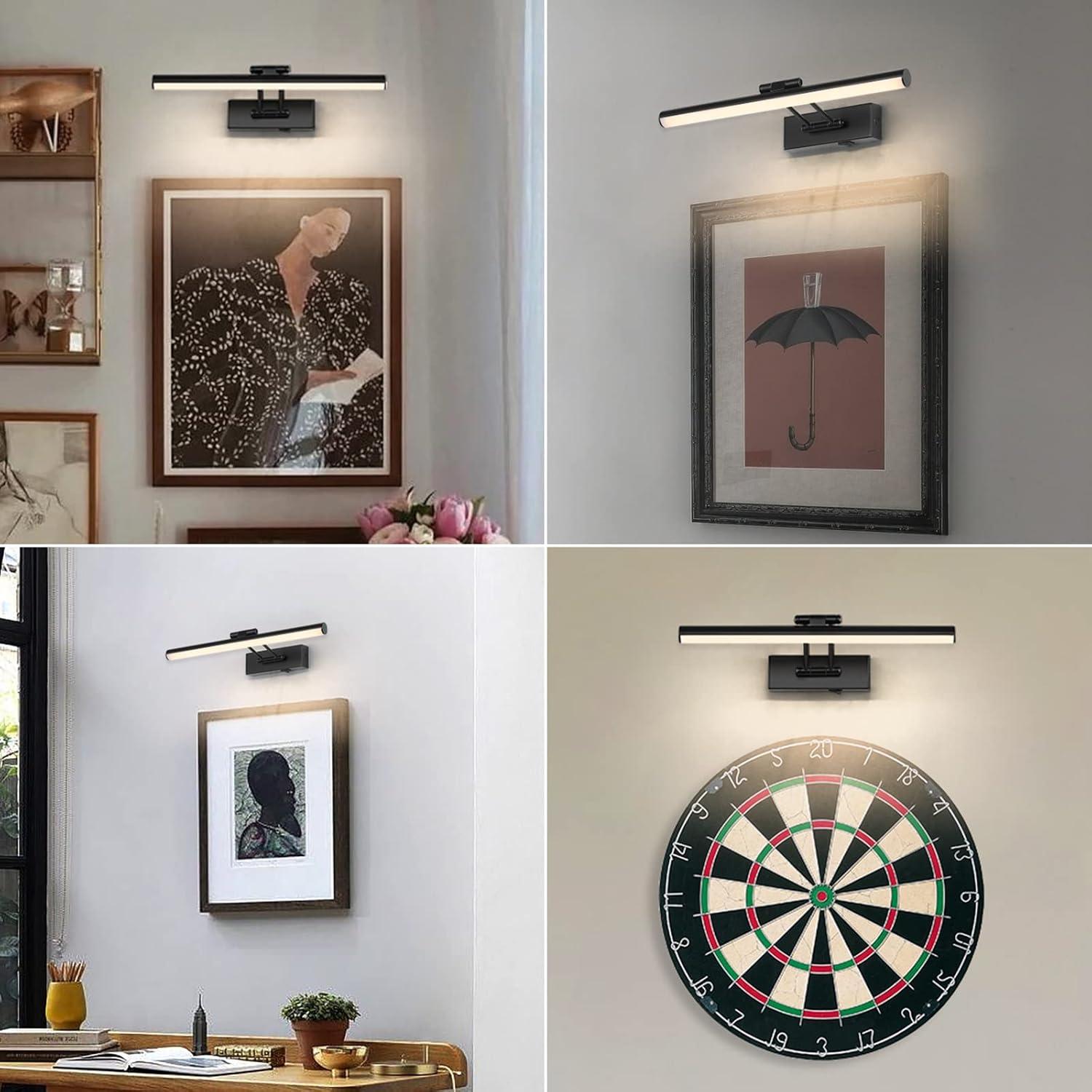 JUSHENG Dimmable Black Picture Light Battery Operated 16'' Inch, Rechargeable Gallery Light with Swing Arm and Timer Function, Full Metal Wireless Painting Lights for Display, Artwork, Canvas