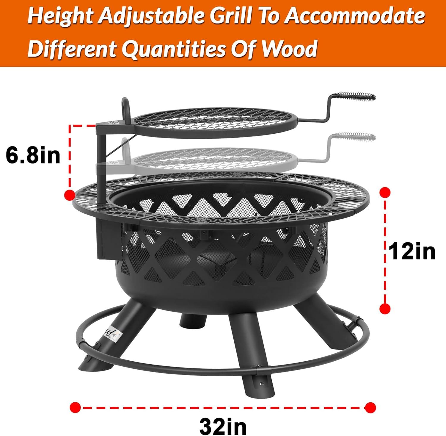 32'' Black Wood Burning Fire Pit with Grill Grate