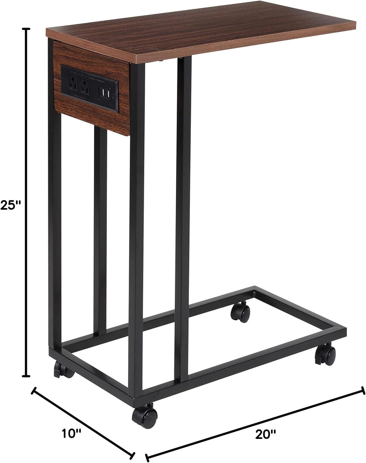 Honey-Can-Do Wood and Metal Rolling C-Shape Side Table with Outlets, Walnut/Black