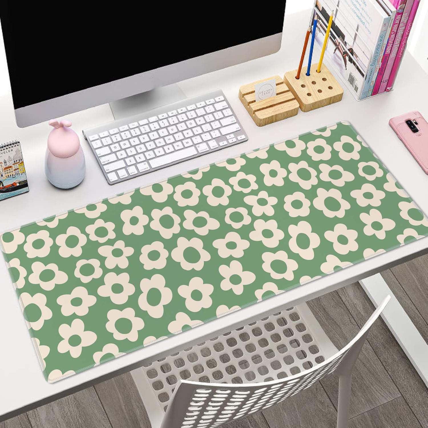 Vintage Groovy Green Flowers Gaming Mouse Pad,Extended Large Mouse Mat Desk Pad,Big Computer Keyboard Desk Pad,Stitched Edges Mousepad,3mm Thick Long Non-Slip Rubber Base Mice Pad, 31.5 X 11.8 Inch