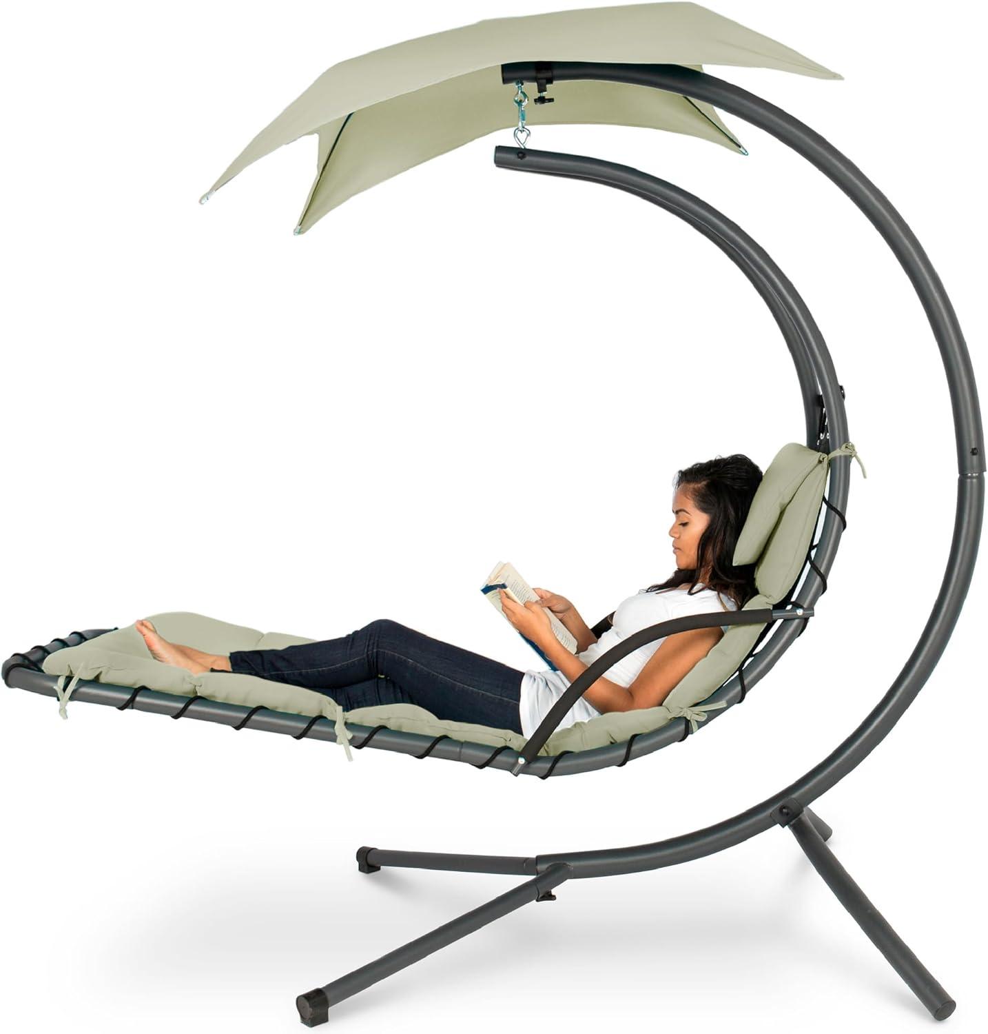 Best Choice Products Hanging Curved Chaise Lounge Chair Swing for Backyard, Patio w/ Pillow, Shade, Stand - Sage