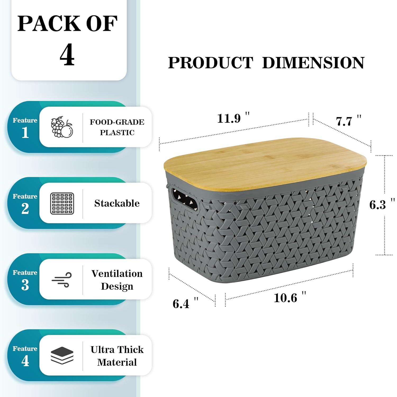 Rebrilliant Plastic Storage Bins With Bamboo Lids Set Of 4 - Pantry Organization And Storage Containers Storage Baskets - Stackable Storage Bins For Shelves Drawers Desktop Closet Playroom Classroom Office