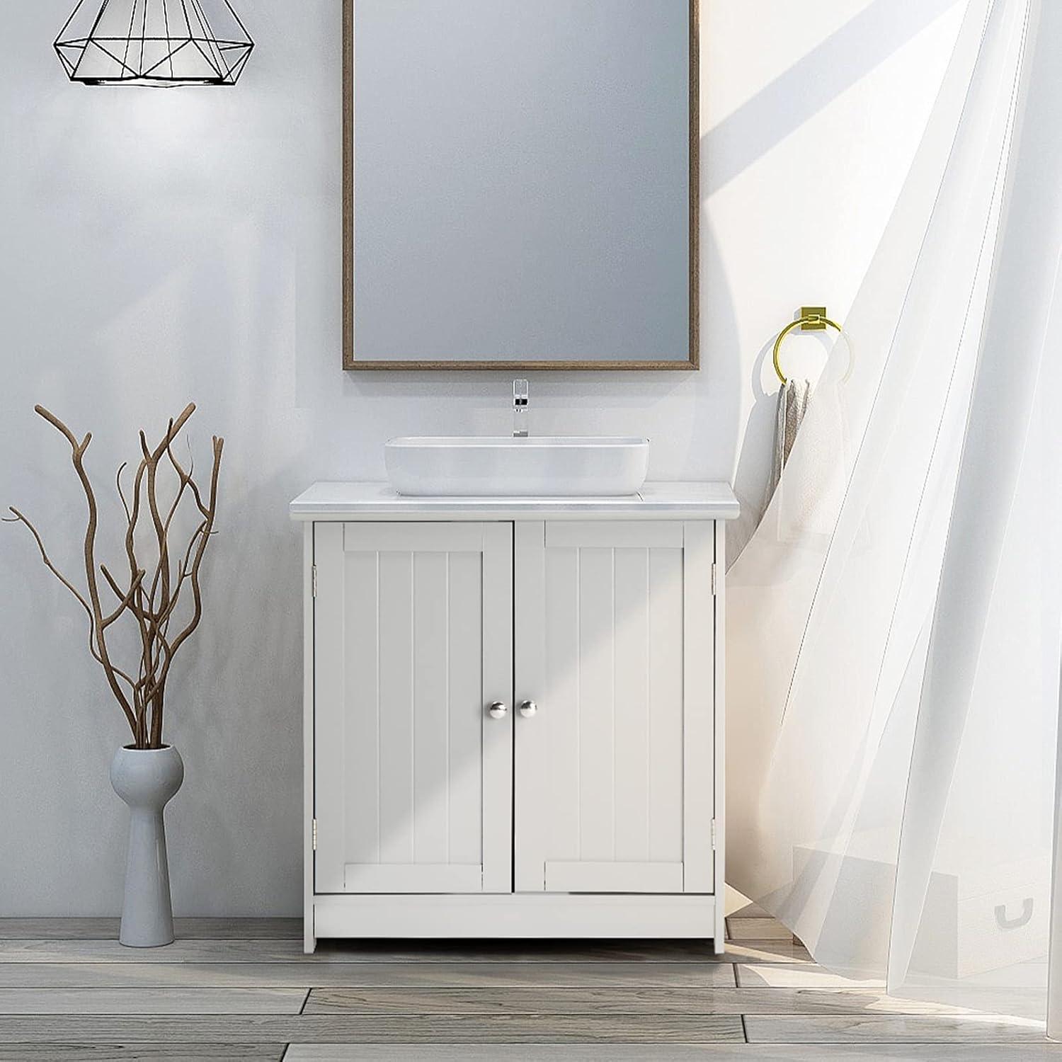 White Engineered Wood Pedestal Bathroom Sink Cabinet with Slatted Doors