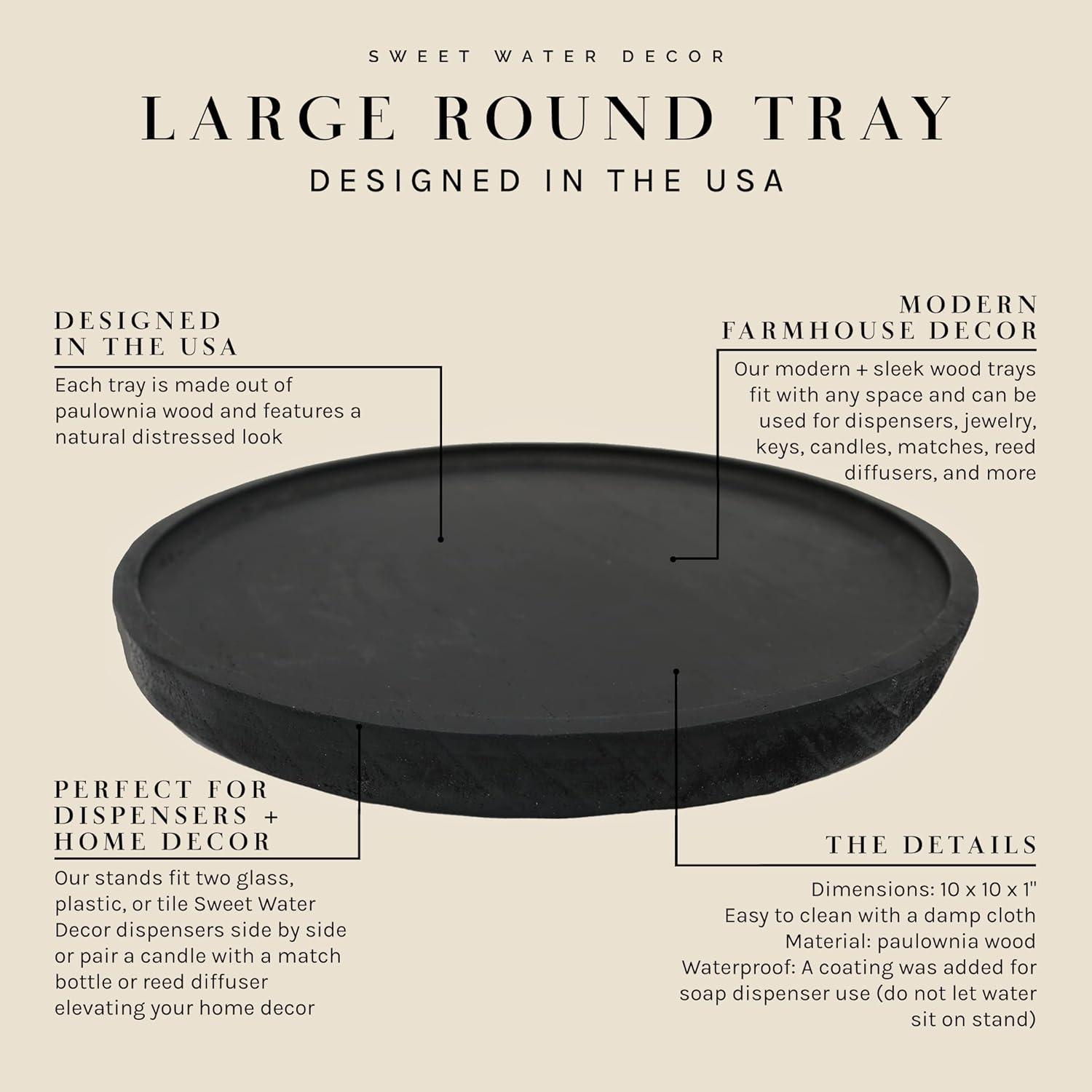 Modern Farmhouse 10" Black Round Paulownia Wood Tray