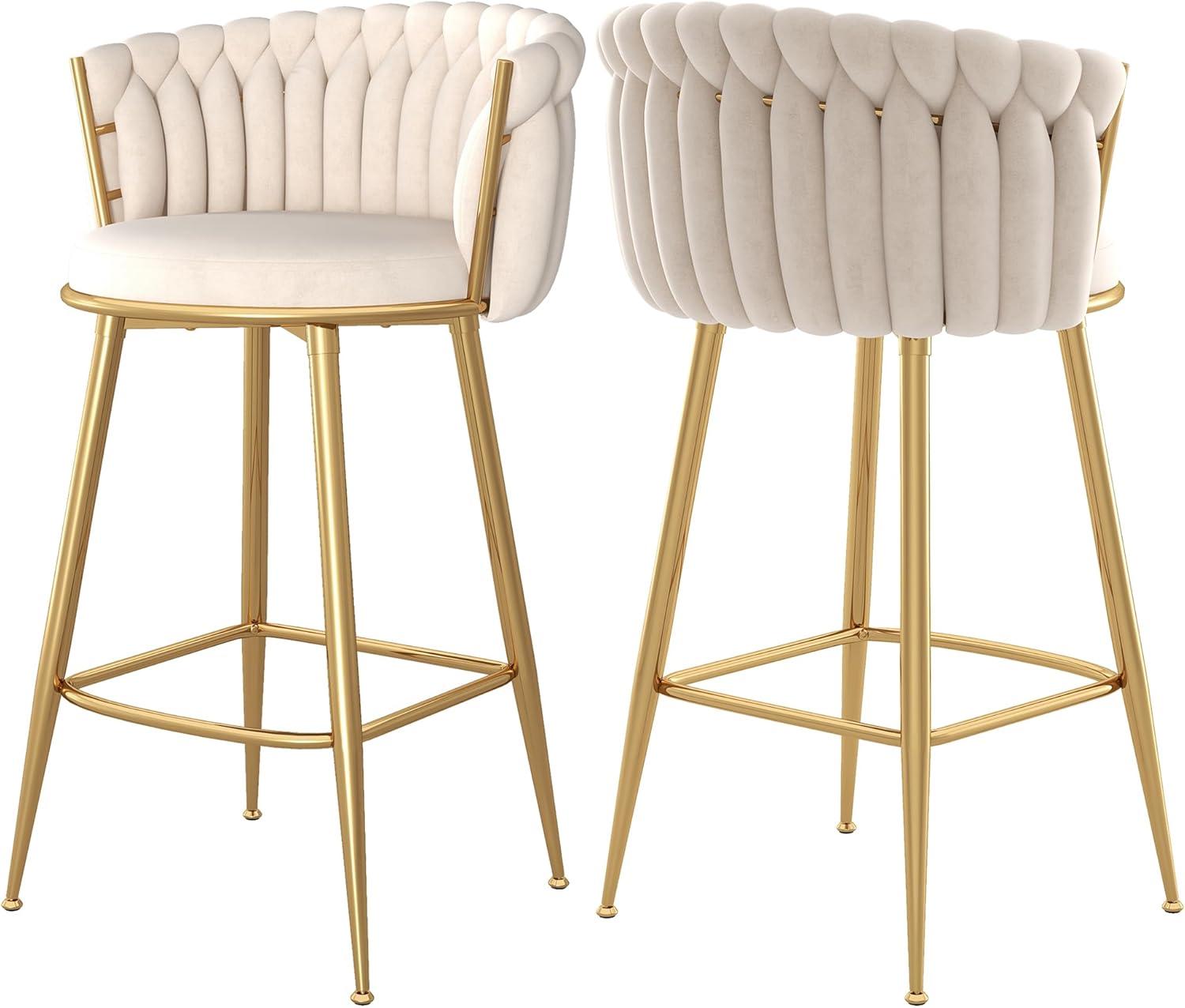 Velvet Upholstered Gray Bar Stools with Gold Metal Frame, Set of 2