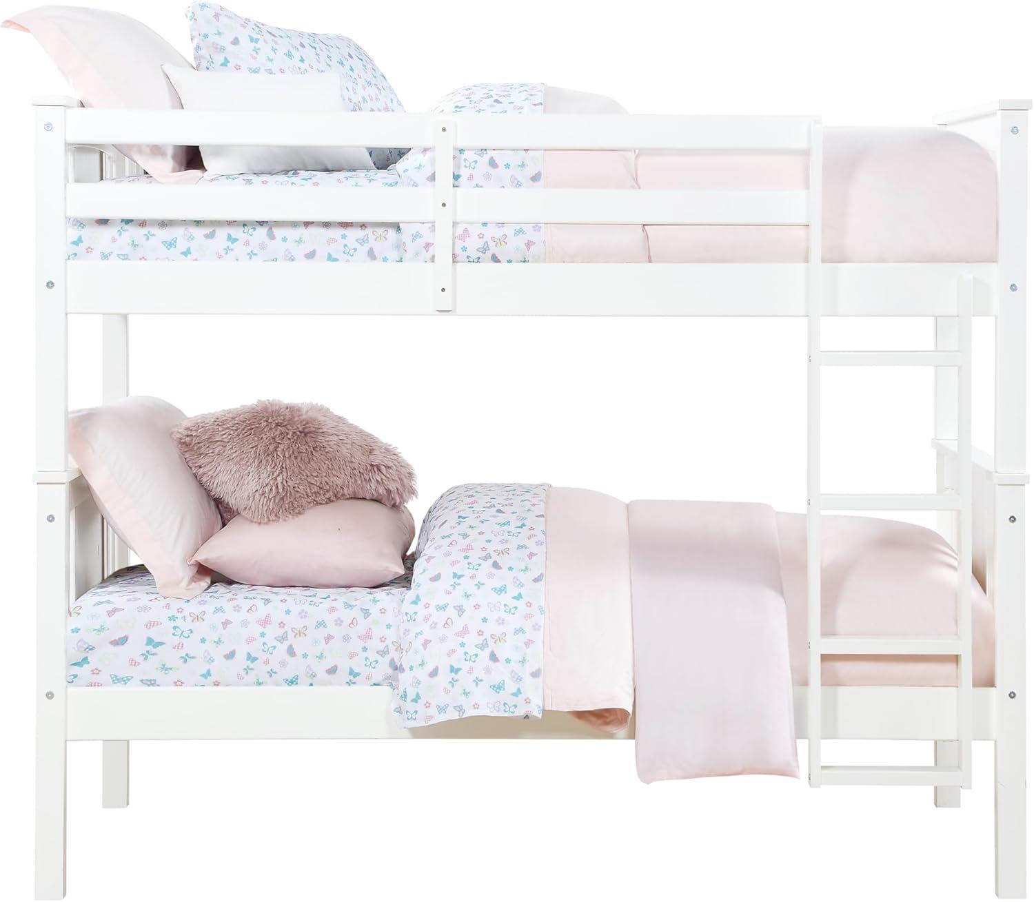 White Twin Over Twin Wood Bunk Bed with Ladder and Guardrail