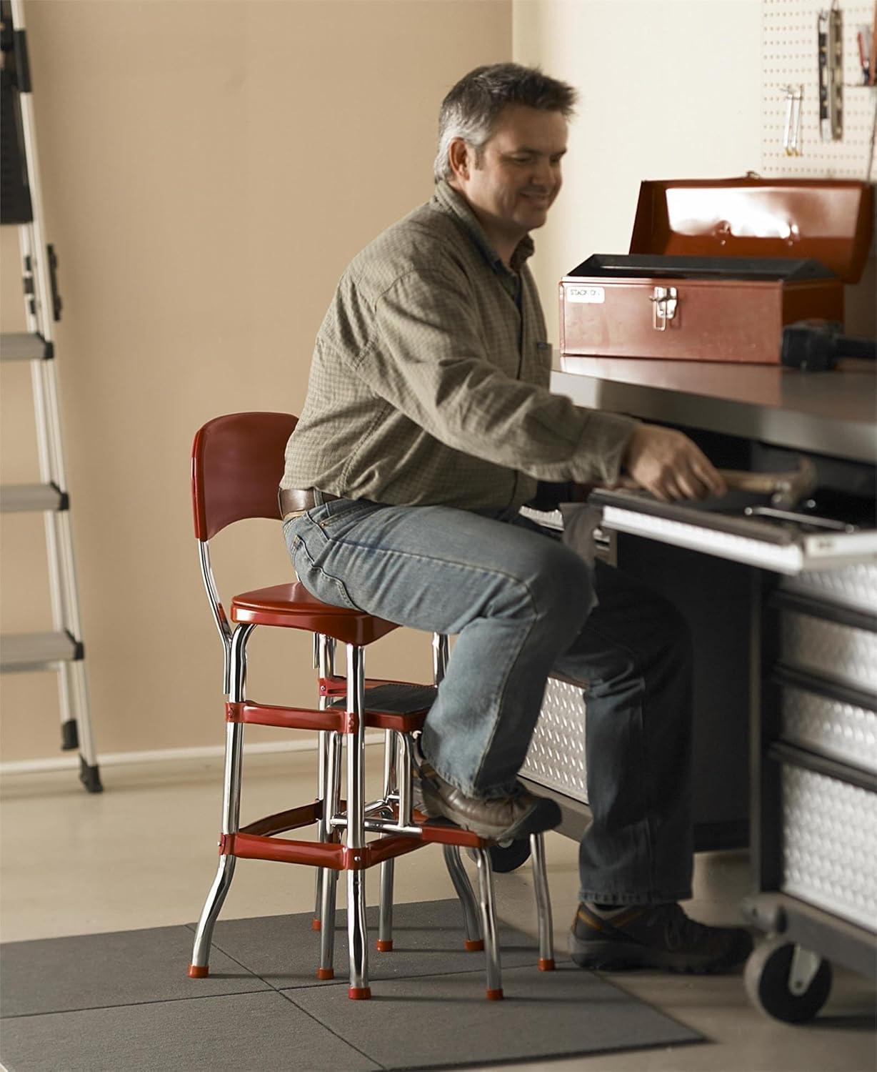COSCO Stylaire Retro Chair + Step Stool with Pull-Out Steps, 225 lb Weight Capacity (Red, One Pack)
