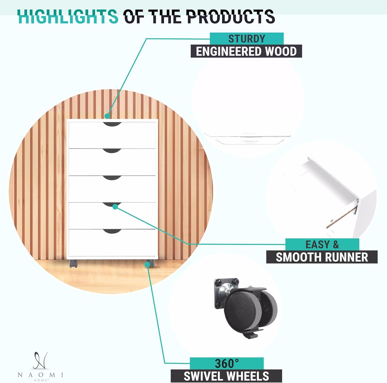 Naomi Home 5 Drawer Dresser, Tall Dressers for bedroom, Kids dresser with Wheels, Durable Storage dresser, Small Dresser for Closet, Makeup dresser with 180 lbs Capacity – White