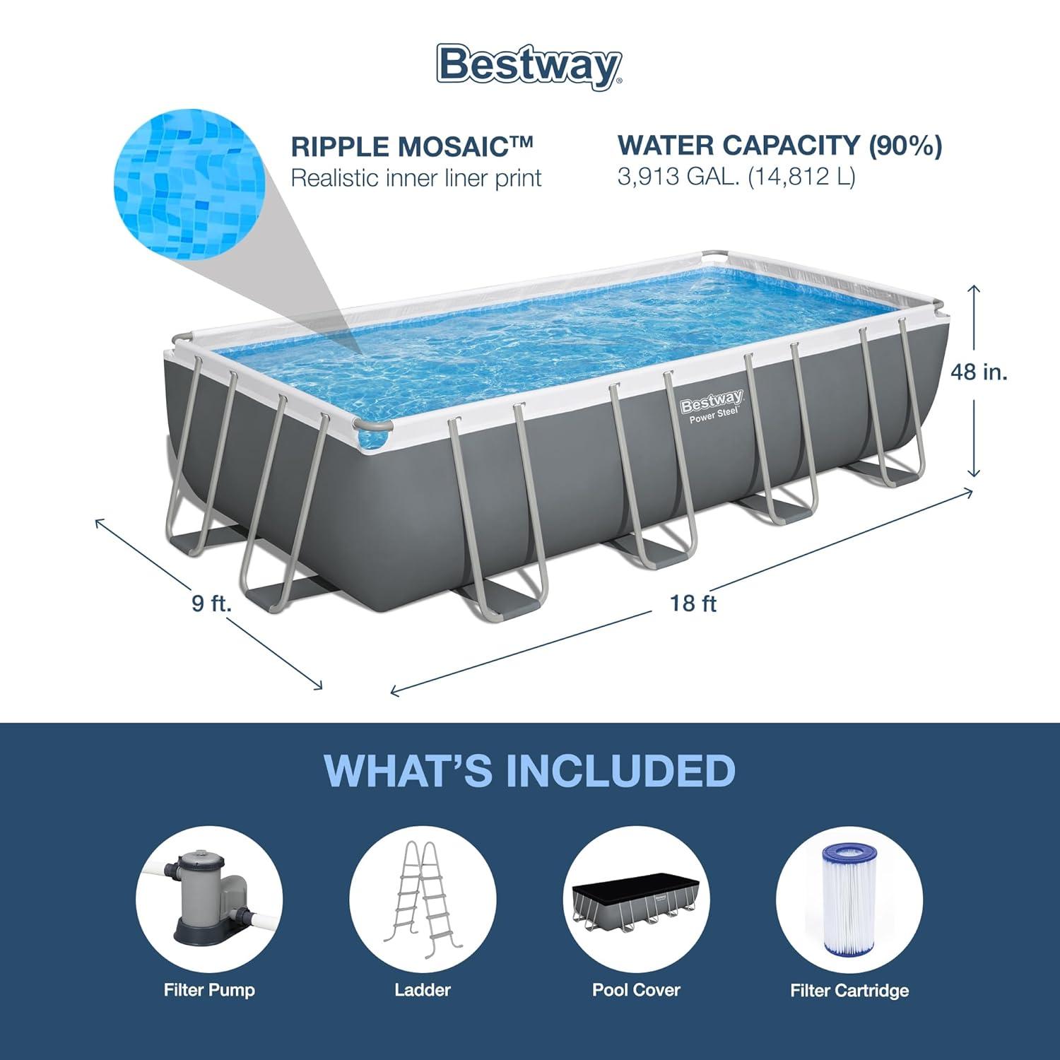 Bestway Power Steel 18' x 9' x 48" Rectangular Metal Frame Above Ground Swimming Pool Set with 1,500 GPH Filter Pump, Ladder, and Pool Cover
