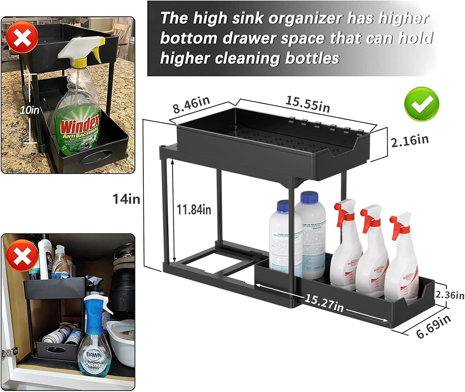 2 Pack Under Sink Organizers and Storage, 2-Tier Sliding Cabinet Basket Organizer with Hooks, Multi-Purpose Under Sink Organizers and Storage for Bathroom Kitchen