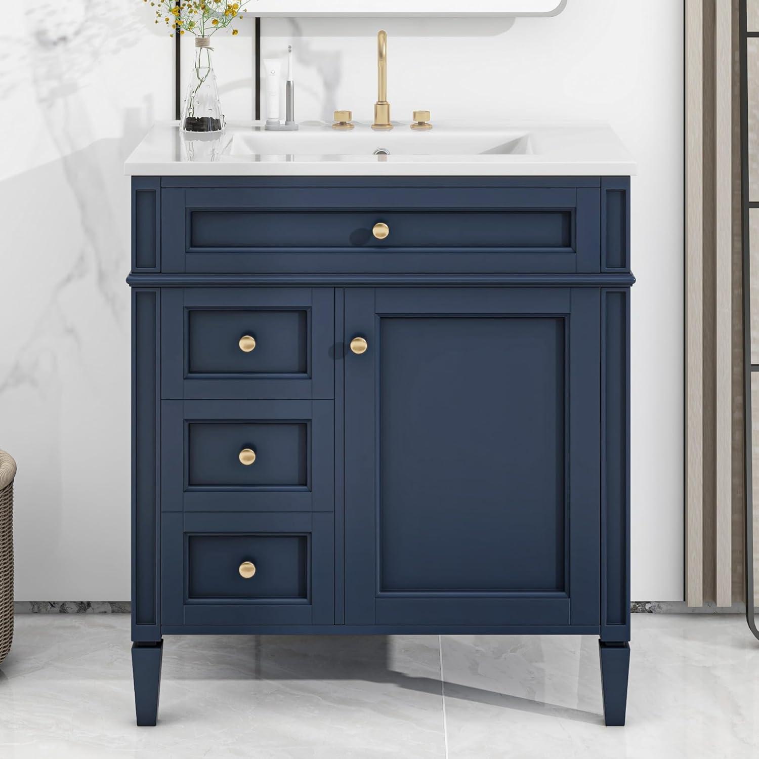 Bathroom Vanity with Sink, Solid Wood MDF, Modern Storage Cabinet with Tip-out Drawer, Amber Storage System, Soft Close Drawers, Blue